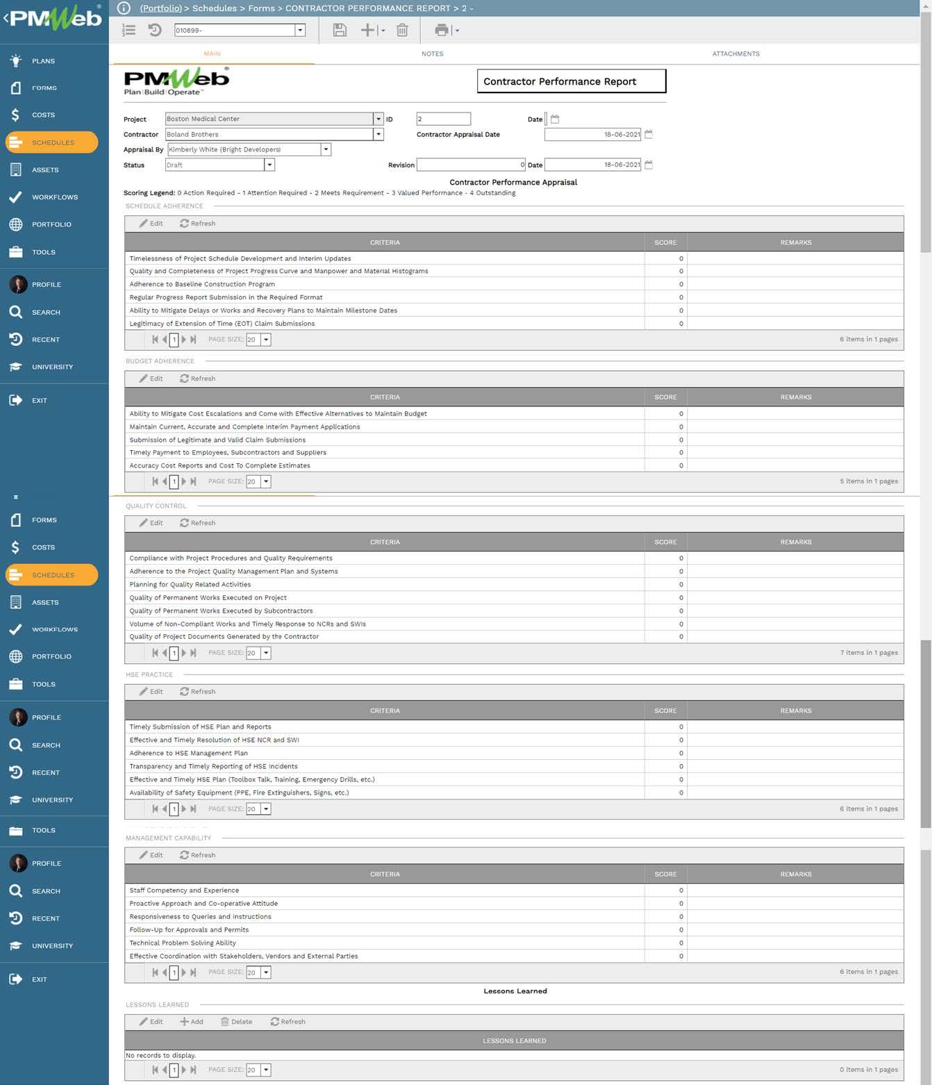 PMWeb 7 Schedules Forms Contractor Performance Report