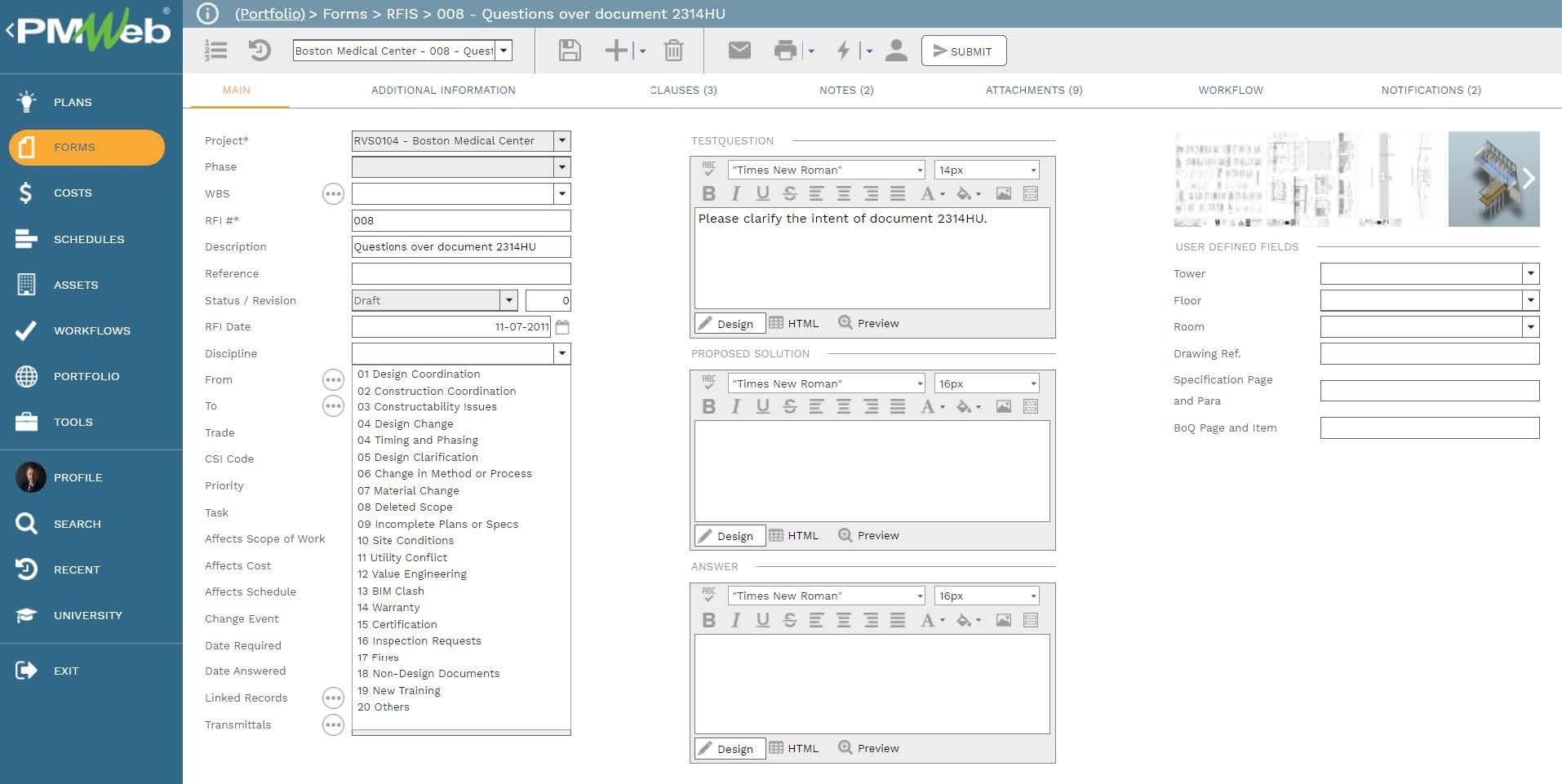 PMWeb 7 Forms RFIS Questions Over Documents for tracking abuse the RFI