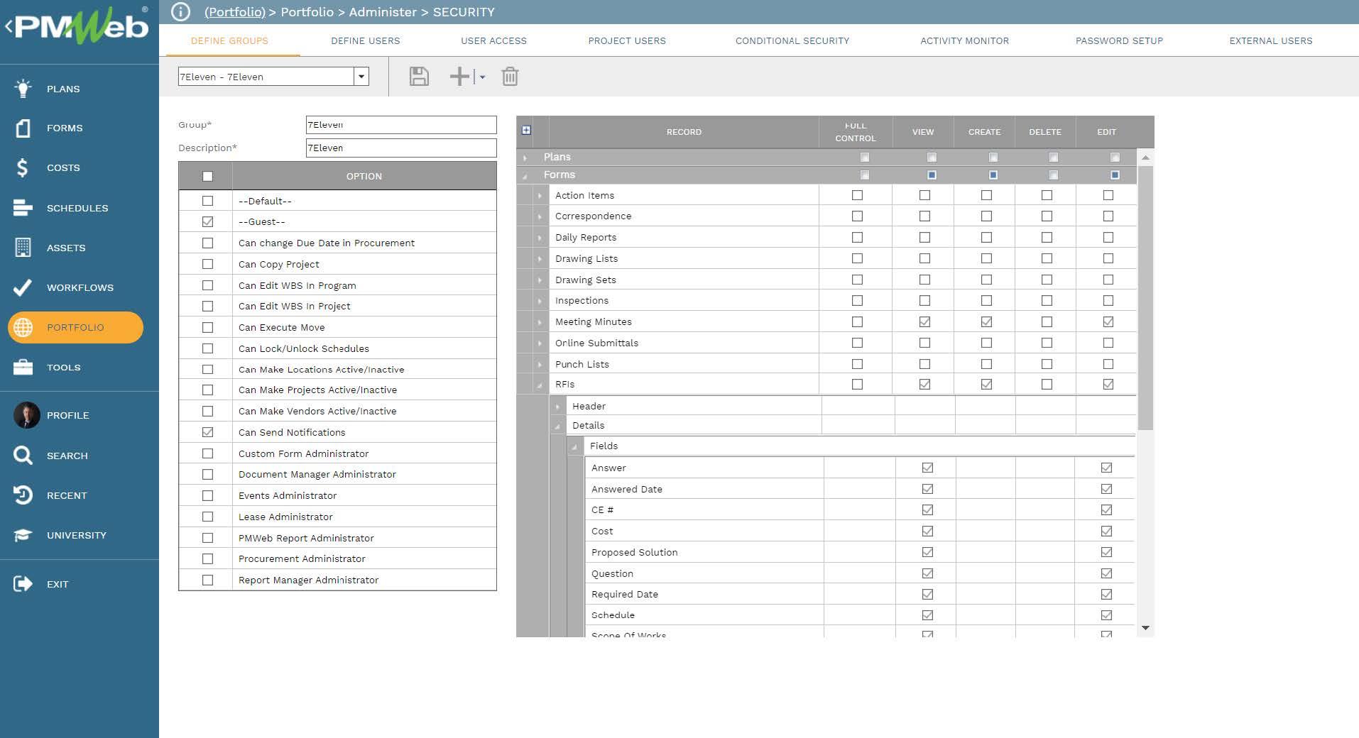 PMWeb 7 Portfolio Administer Security
Define Groupes  