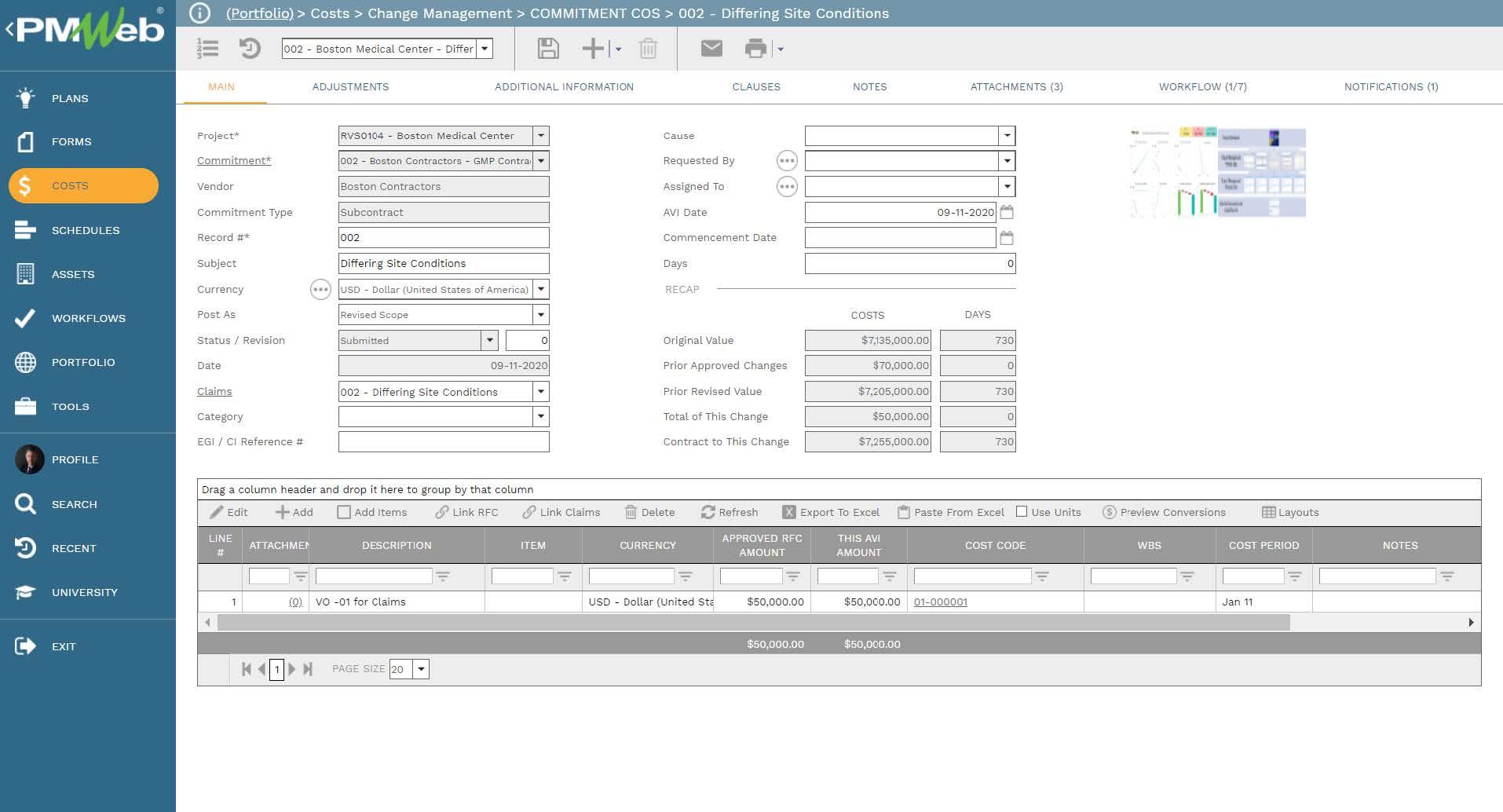 PMWeb 7 Costs Change Management Commitment COS Differing Site Conditions 
