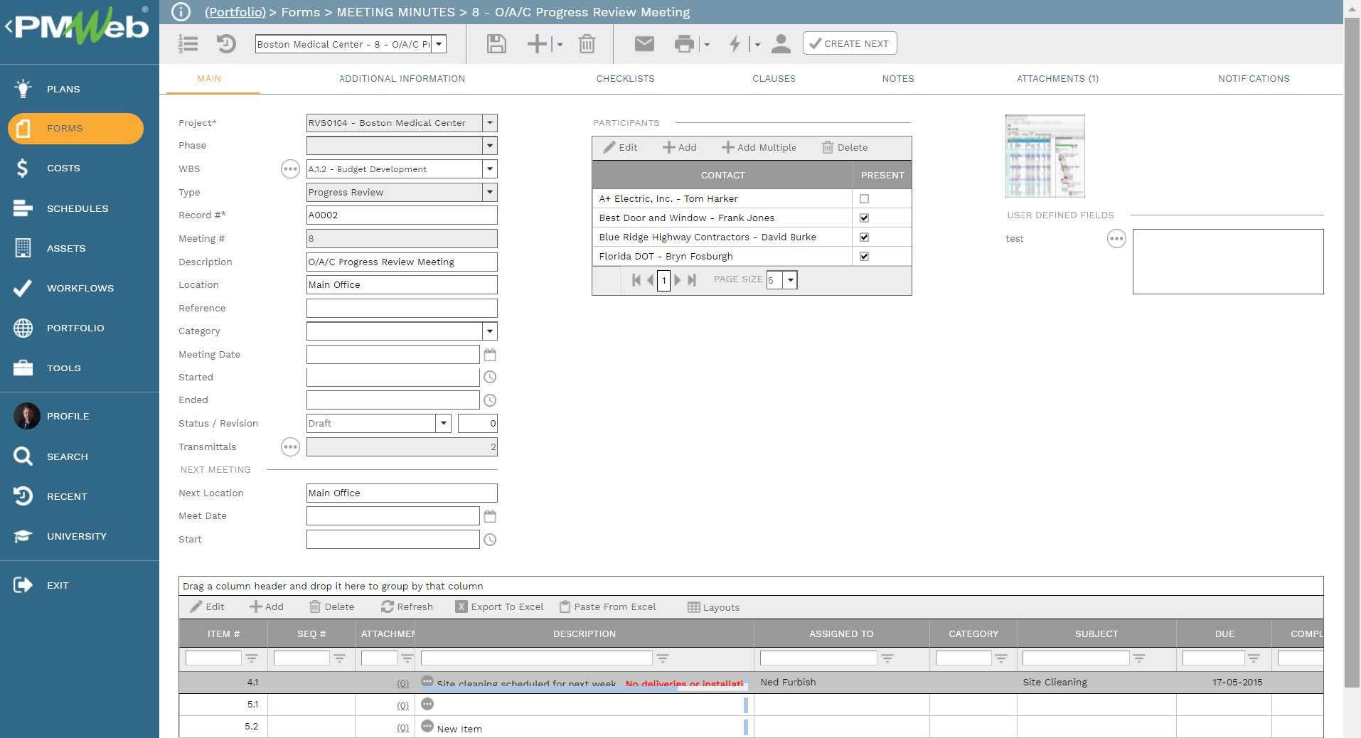PMWeb 7 Forms Meeting Minutes O/A/C Progress Review Meeting 
Main 