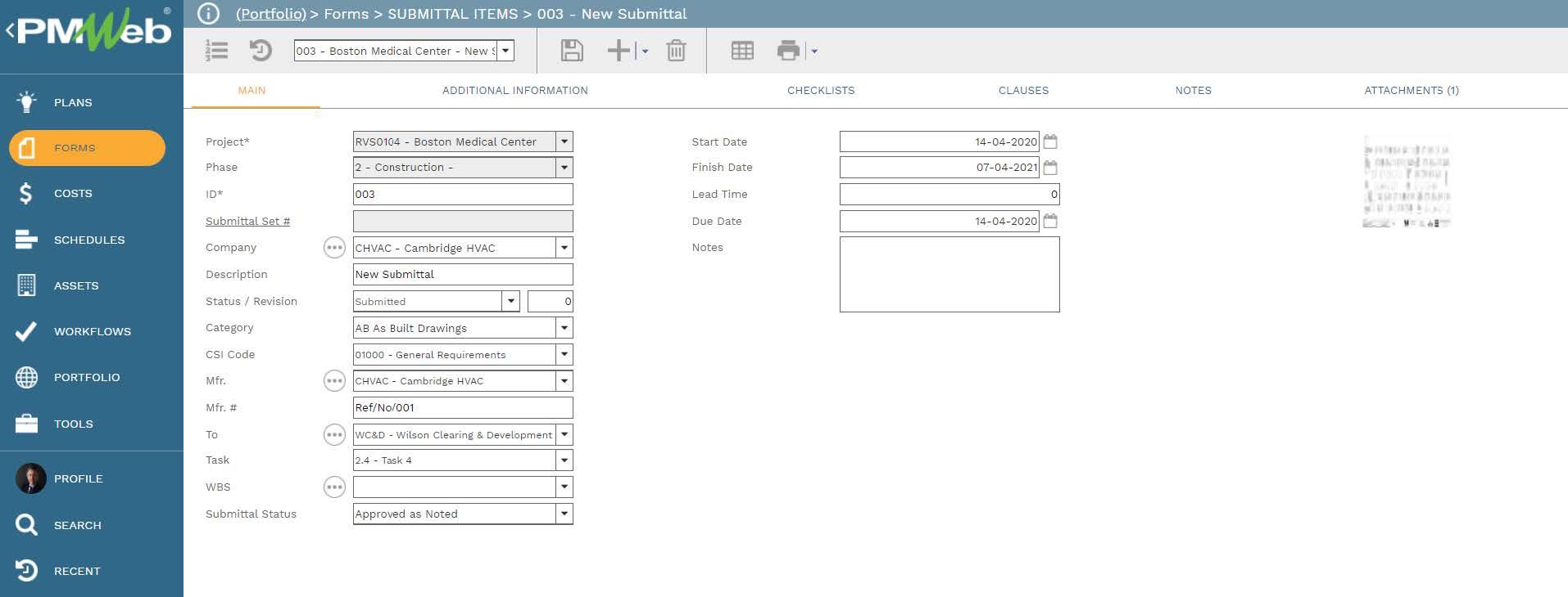 PMWeb 7 Forms Submittal Items Now Submittal
Main