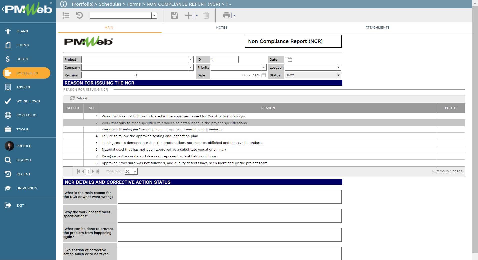 PMWeb 7 Schedules Forms Non Compliance Report
Main