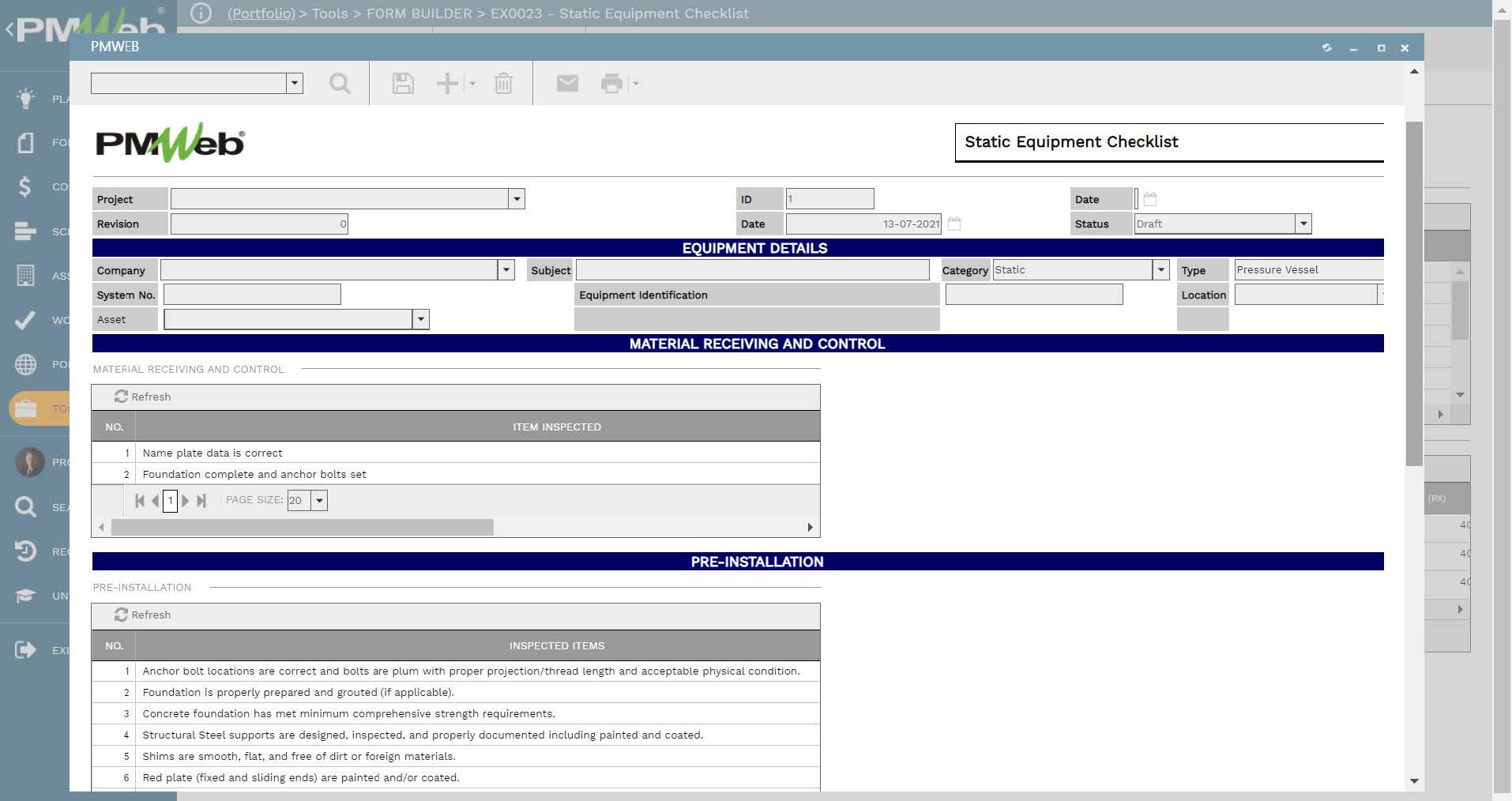 PMWeb 7 Tools Form Builder Static Equipment Checklist