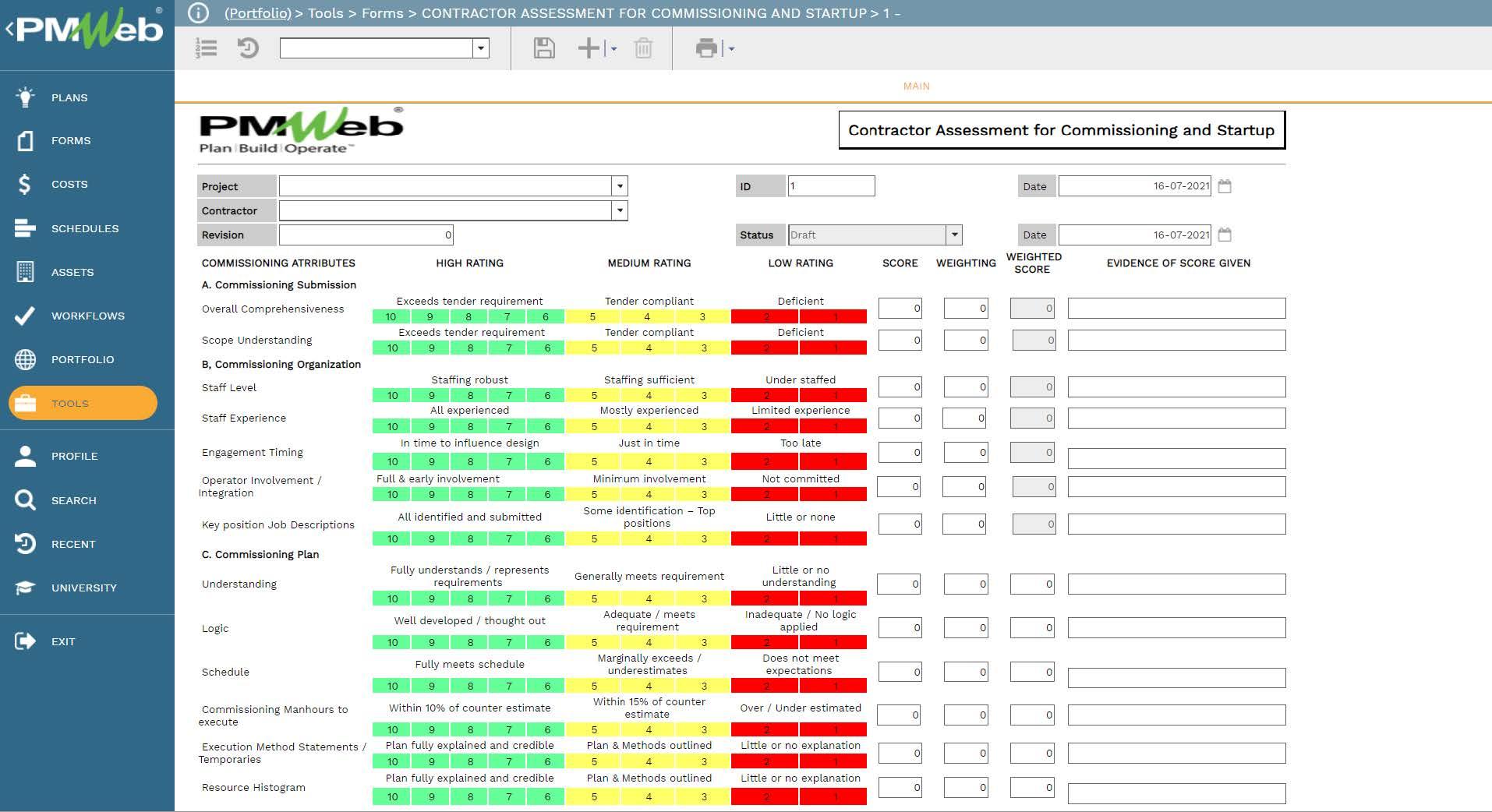 PMWeb 7 Tools Forms Contractor Assessment For Commissioning And Startup 
Main