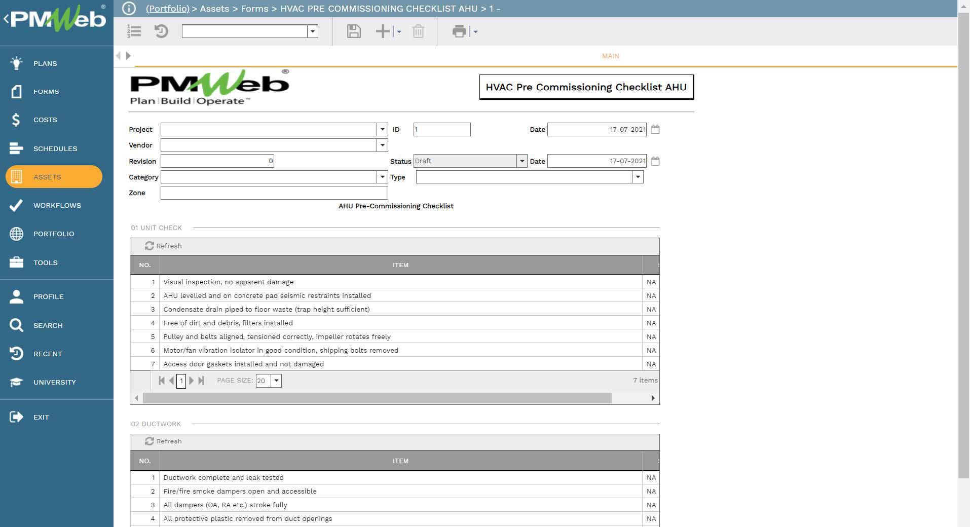 PMWeb 7 Assets Forms HVAC Pre Commissioning Checklist AHU
Main
