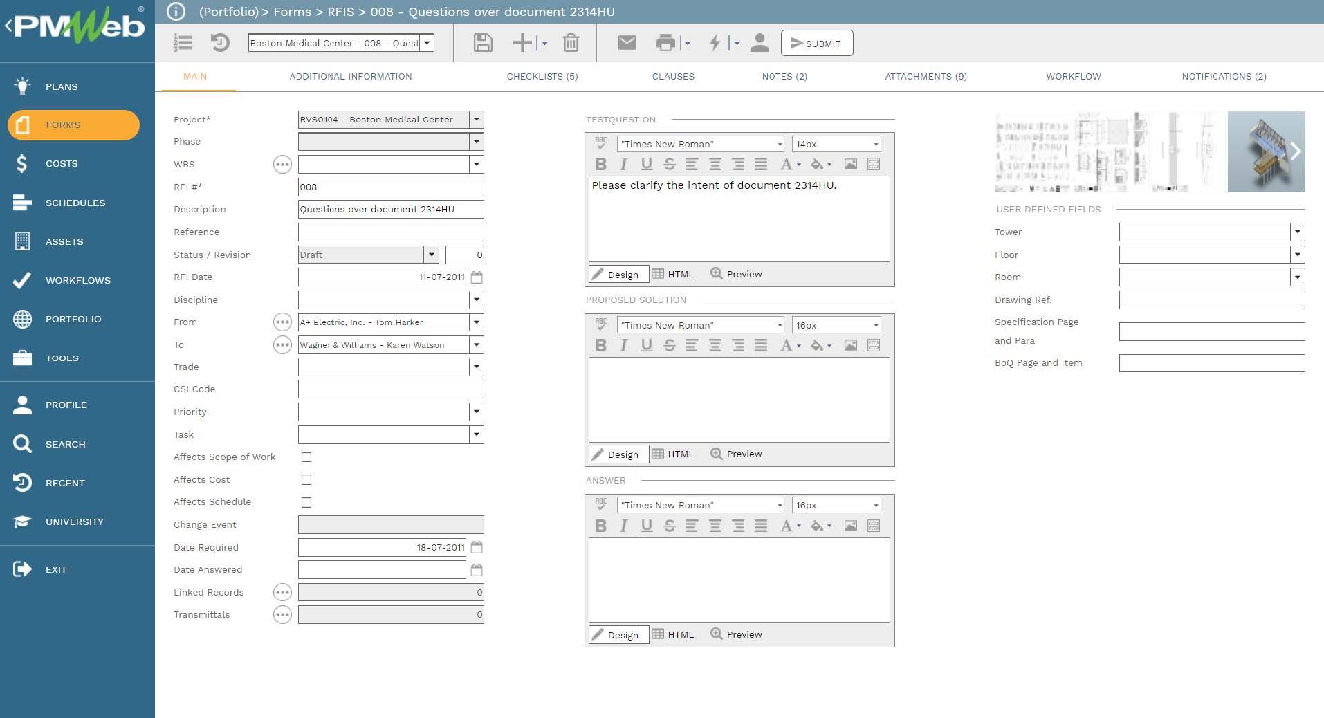 PMWeb 7 Forms RFIS Question over Document
Main