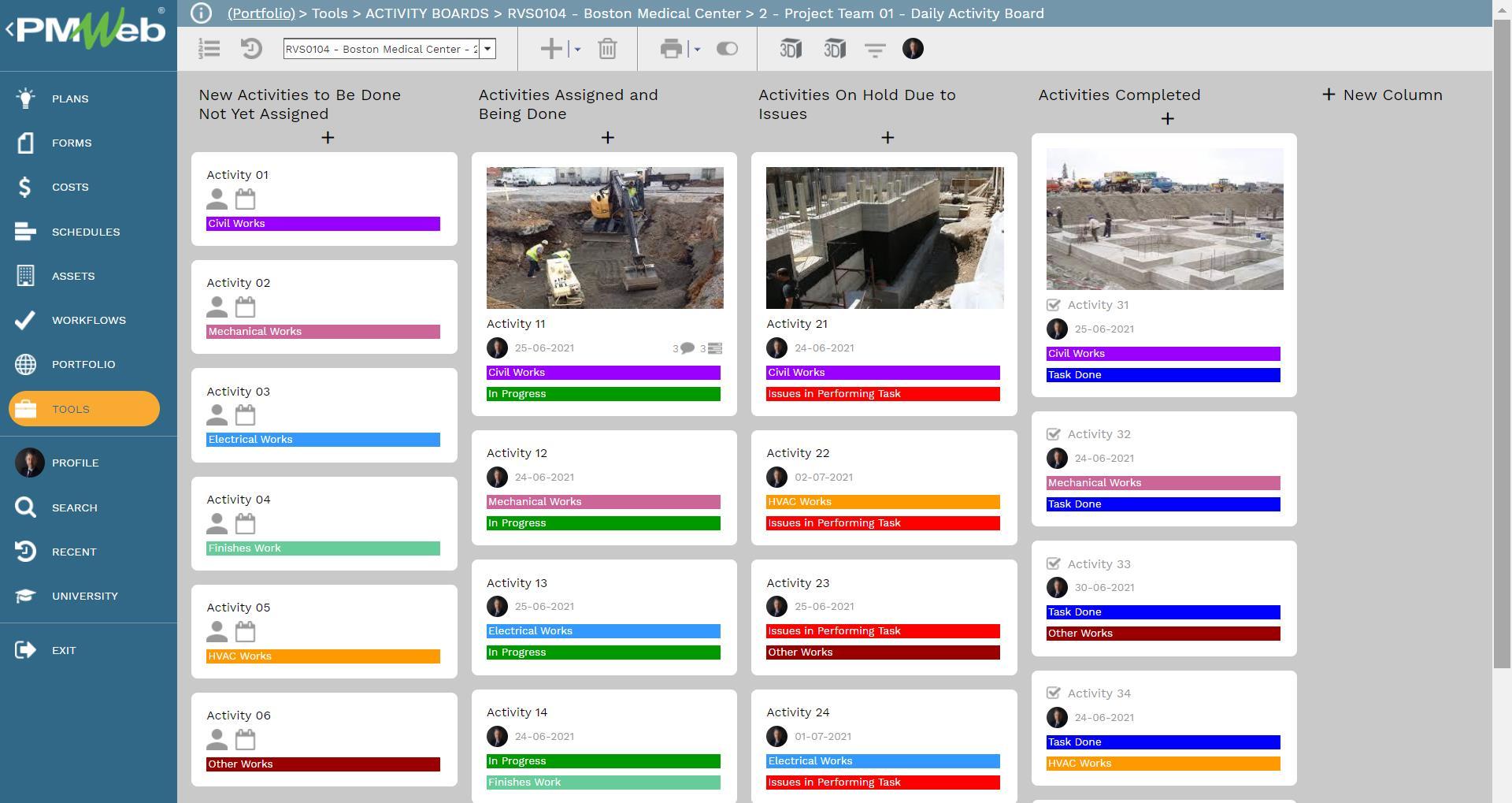 PMWeb 7 Tools Activity Boards Boston Medical Center Project Team Daily Activity