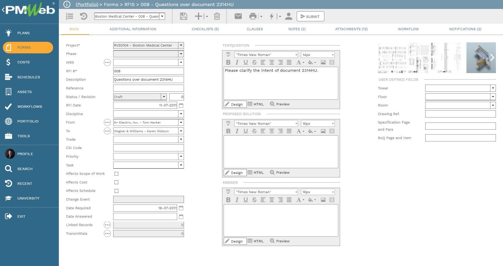 PMWeb 7 Forms RFIS Questions Over Document
Main