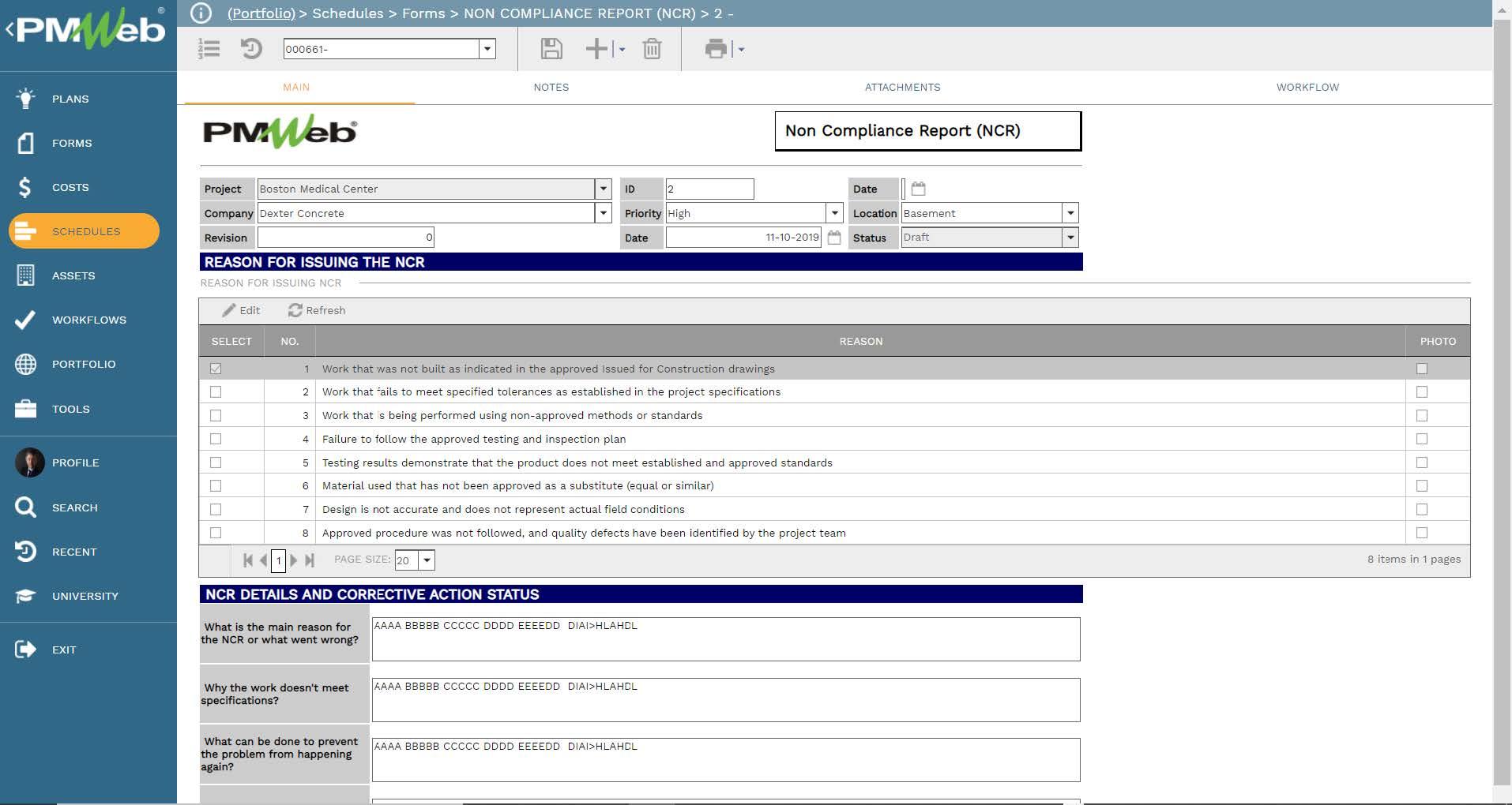 PMWeb 7 Schedules Forms Non Compliance Report (NCR)
