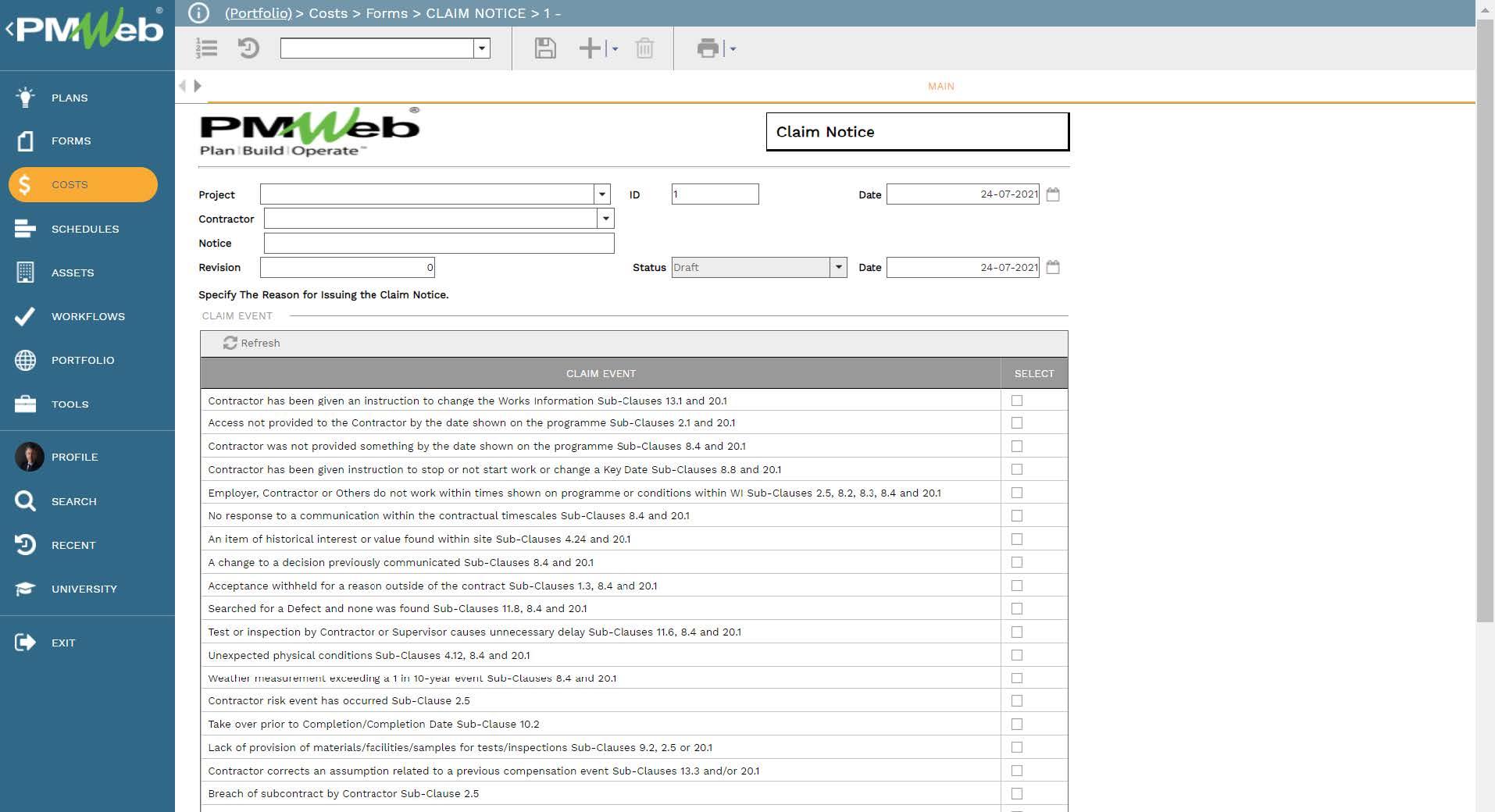 PMWeb 7 Costs Forms Claim Notice
Main
