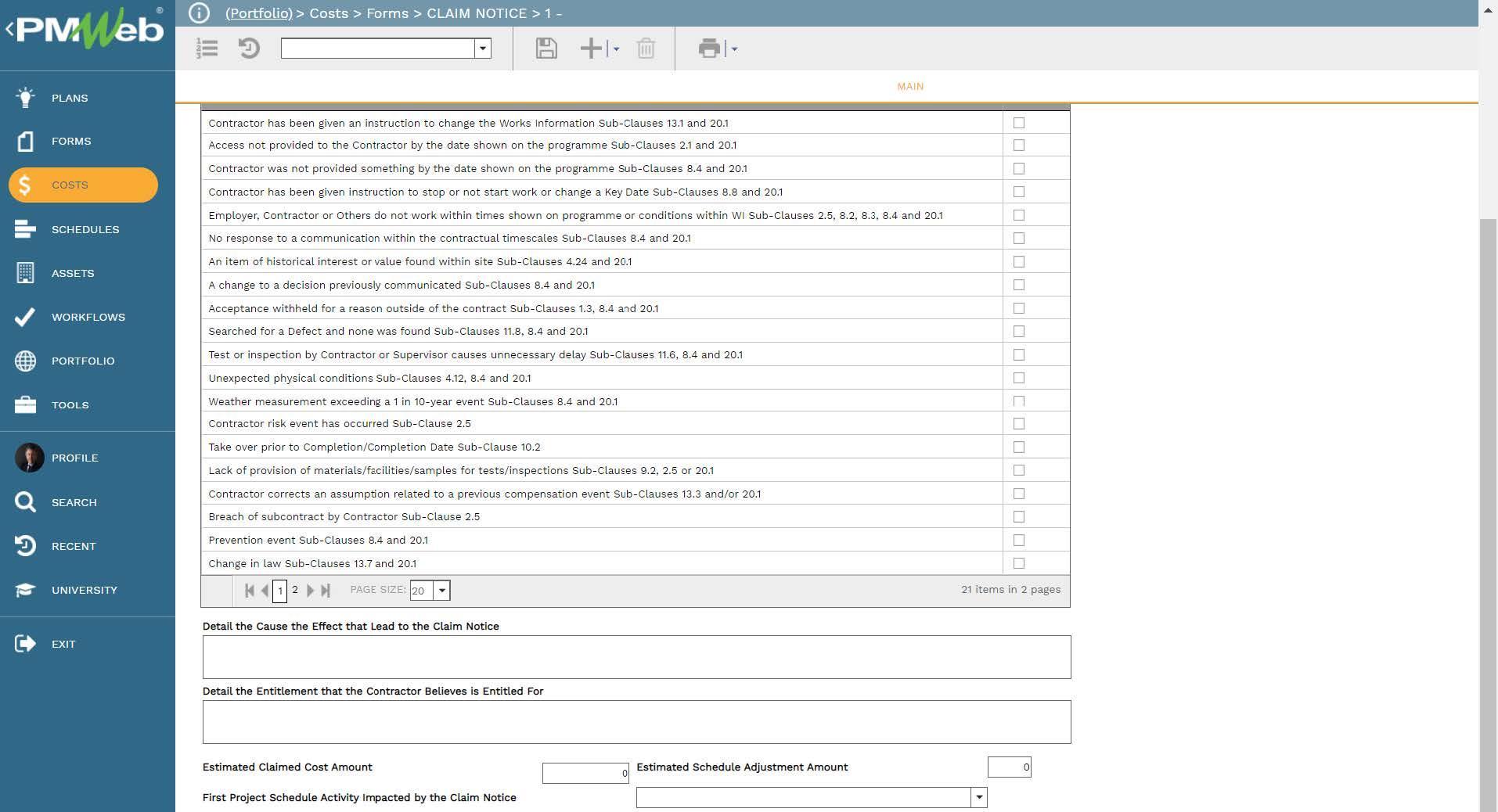PMWeb 7 Costs Forms Claim Notice
Main