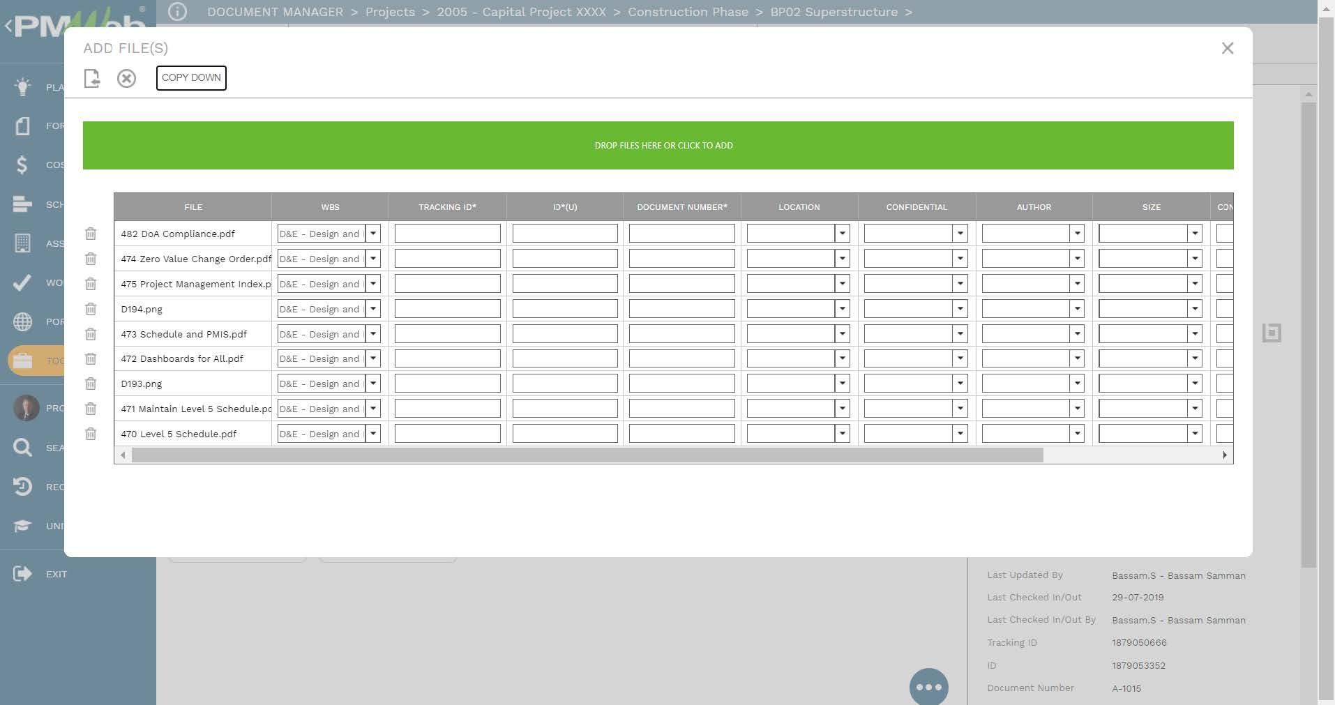 PMWeb 7 7 Document Manager Projects Capital Project Construction Phase BP02 Superstructure 
Add Files