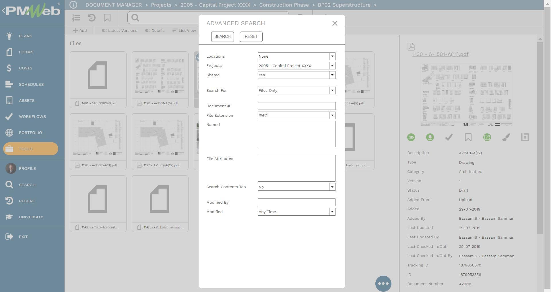 PMWeb 7 7 Document Manager Projects Capital Project Construction Phase Superstructure 
Advance Search 