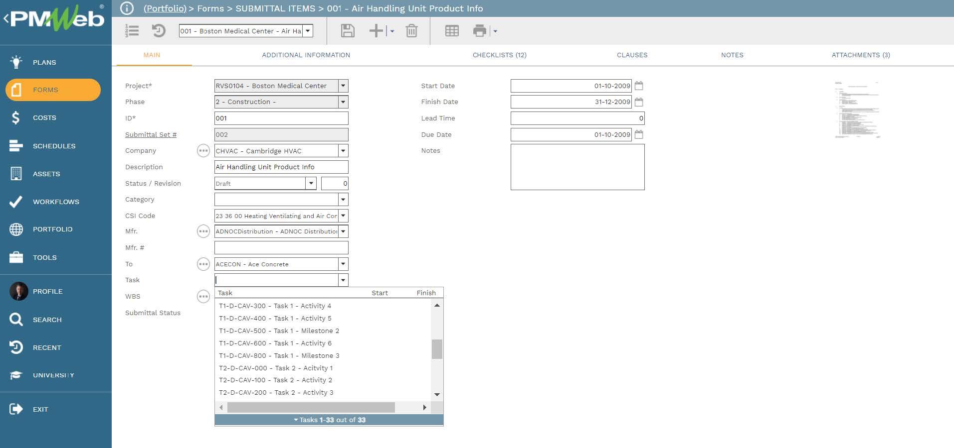PMWeb 7 Forms Submittal Items Air Handling Unit Product Info
Main
