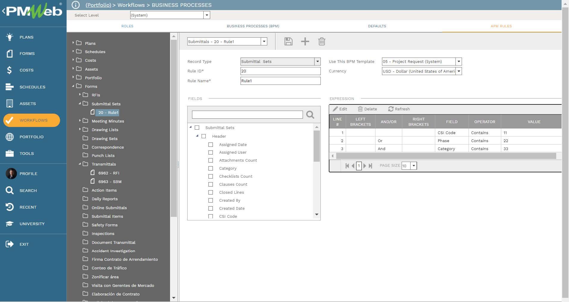 PMWeb 7 Workflow Business Processes 
APM Rules 