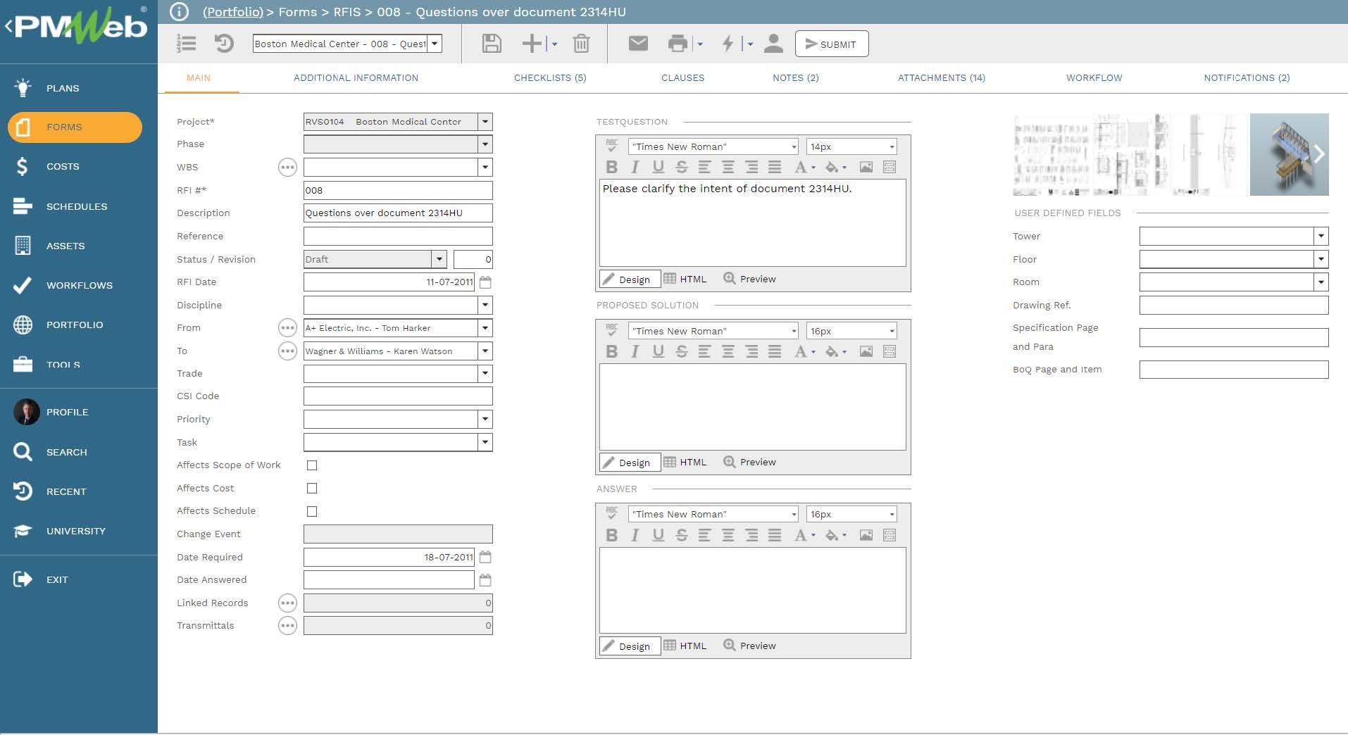 PMWeb 7 Forms RFIS Questions Over Document 
Main