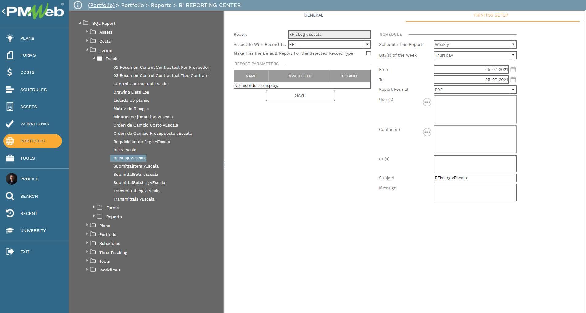 PMWeb 7 Portfolio Reports BI Reporting Center 
Printing Setup 