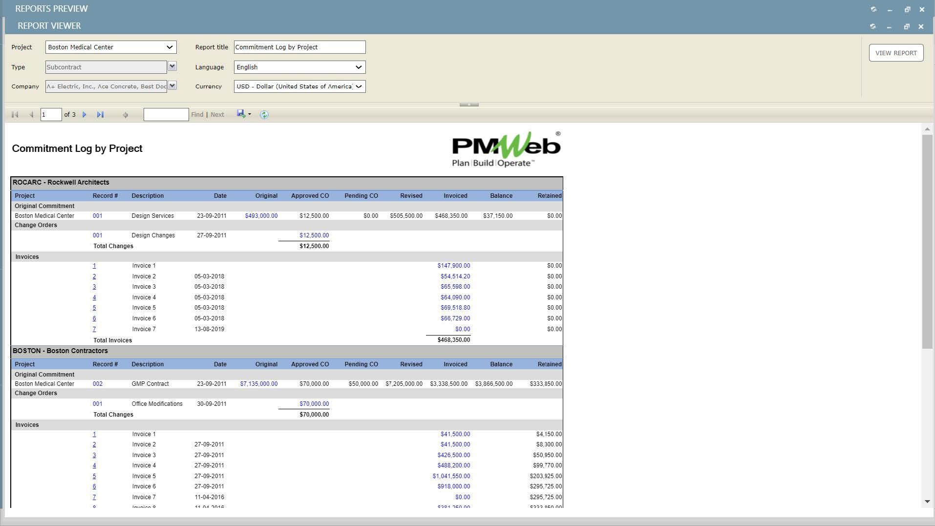 PMWeb 7 Commitment Log by Project