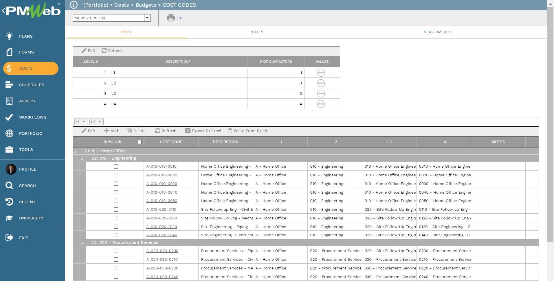 PMWeb 7 Costs Budgets Cost Codes 
Main