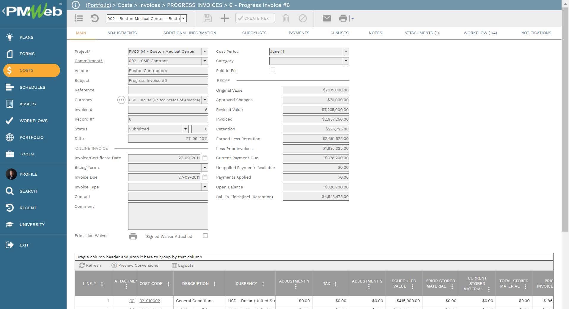 PMWeb 7 Costs Invoices Progress Invoices 
Main 