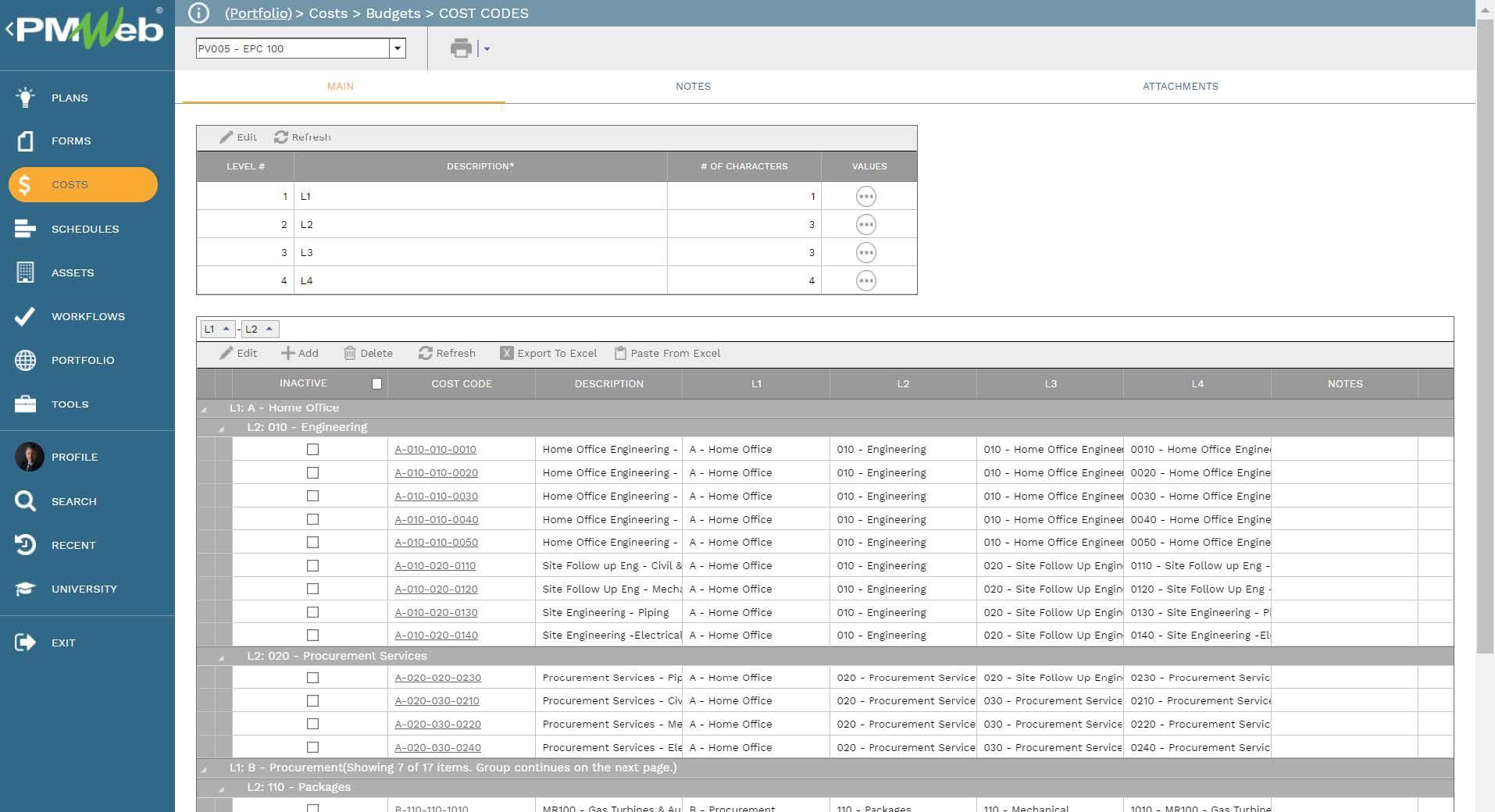 PMWeb 7 Costs Budgets Cost Codes 
Main