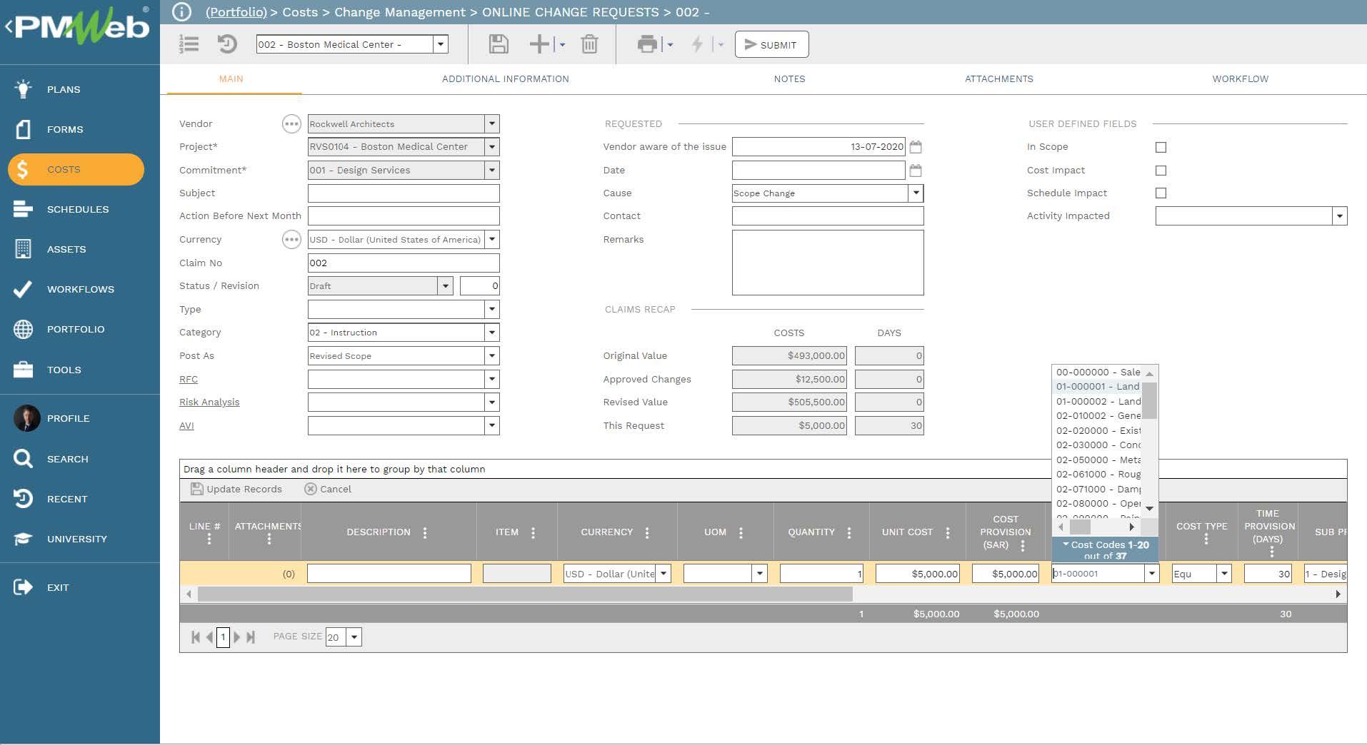 PMWeb 7 Costs Change Management Online Change Requests 
Main