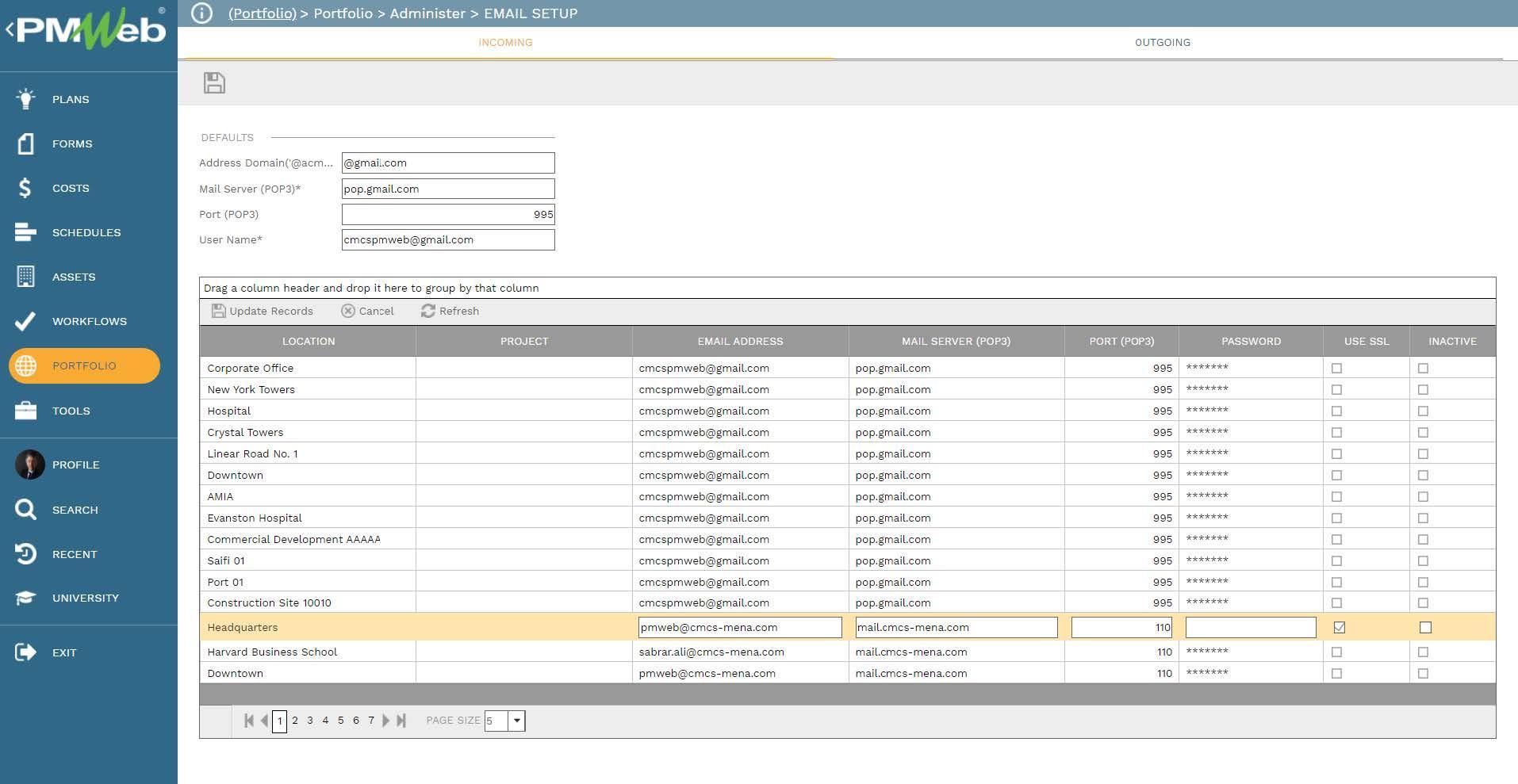 PMWeb 7 Portfolio Administer Email Setup
Incoming