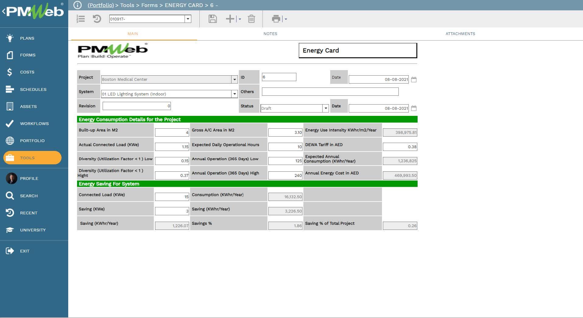 PMWeb 7 Tools Energy Card 
Main