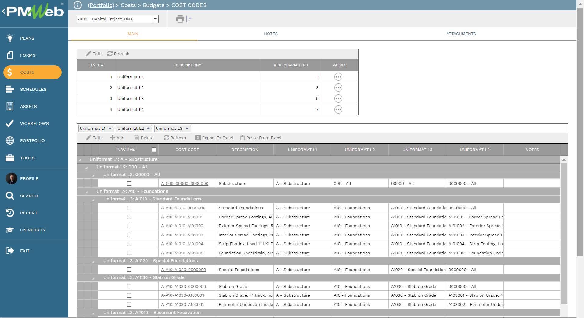 PMWeb 7 Costs Budgets Cost Codes 
Main