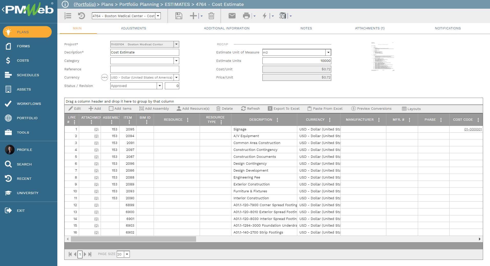 PMWeb 7 Plans Portfolio Planning Estimates Cost Estimate 
MAin