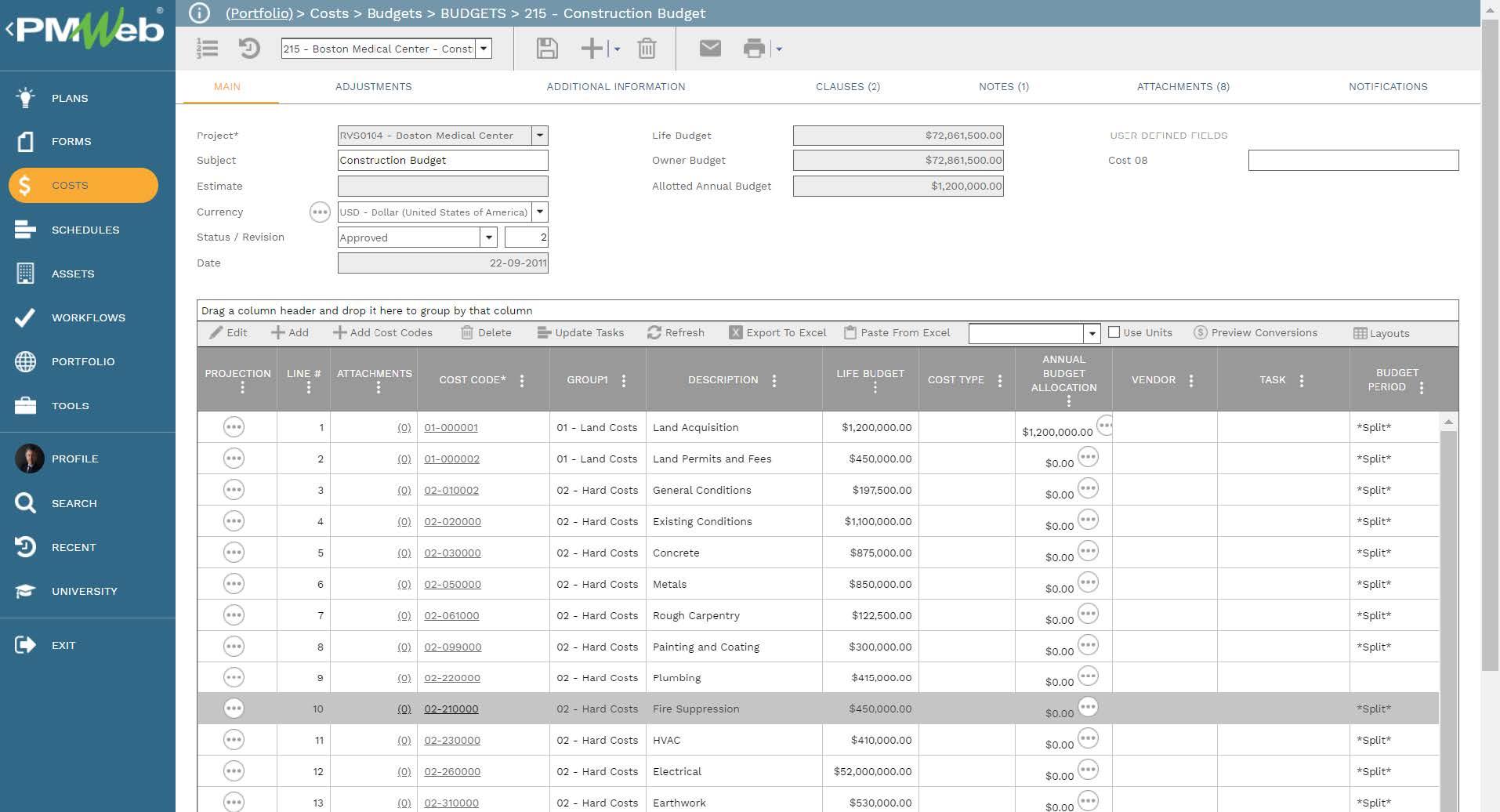 PMWeb 7 Costs Budgets Construction Budget 
Main