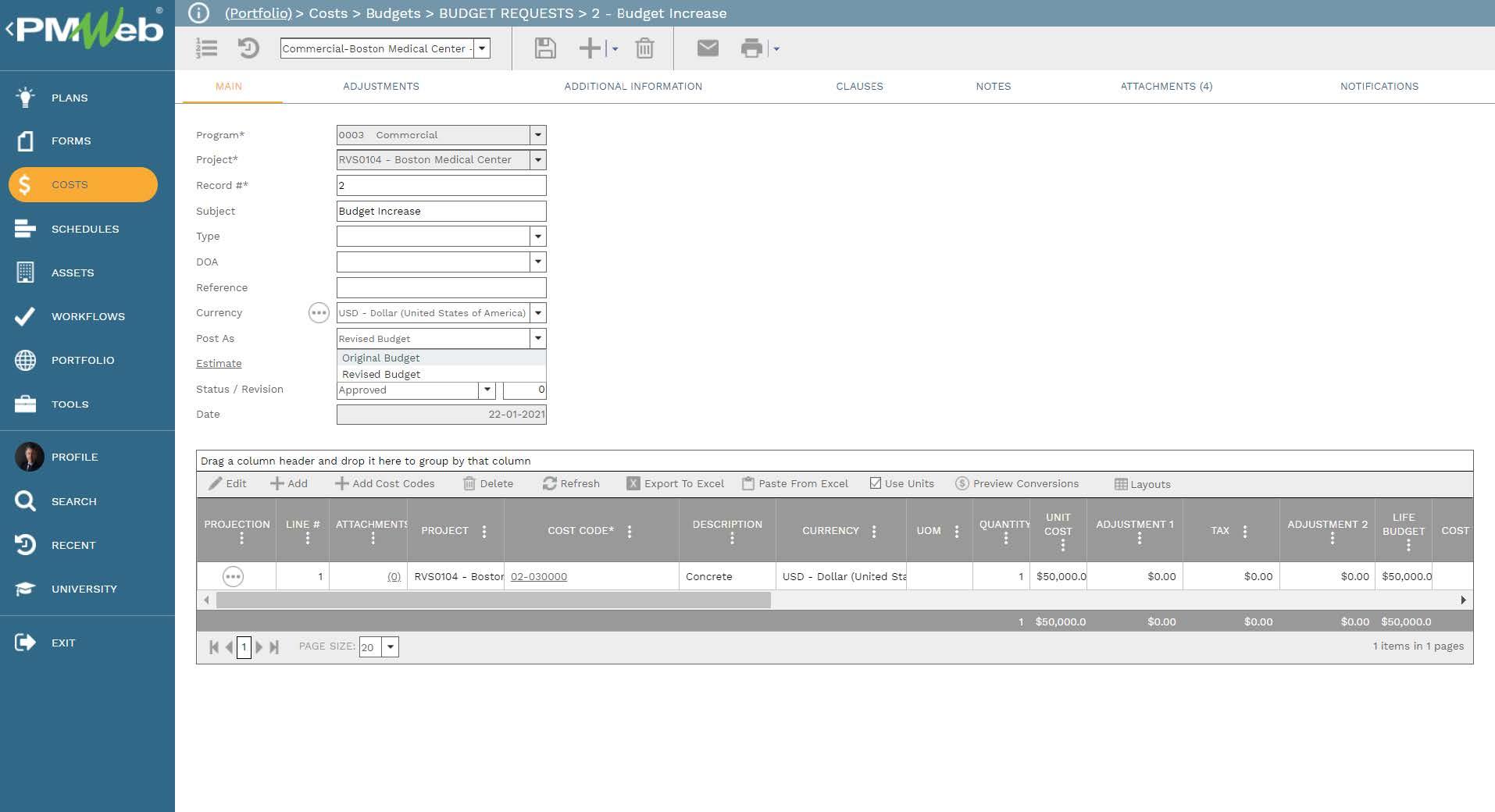 PMWeb 7 Costs Budgets Budget Requests Budget Increase 
Main