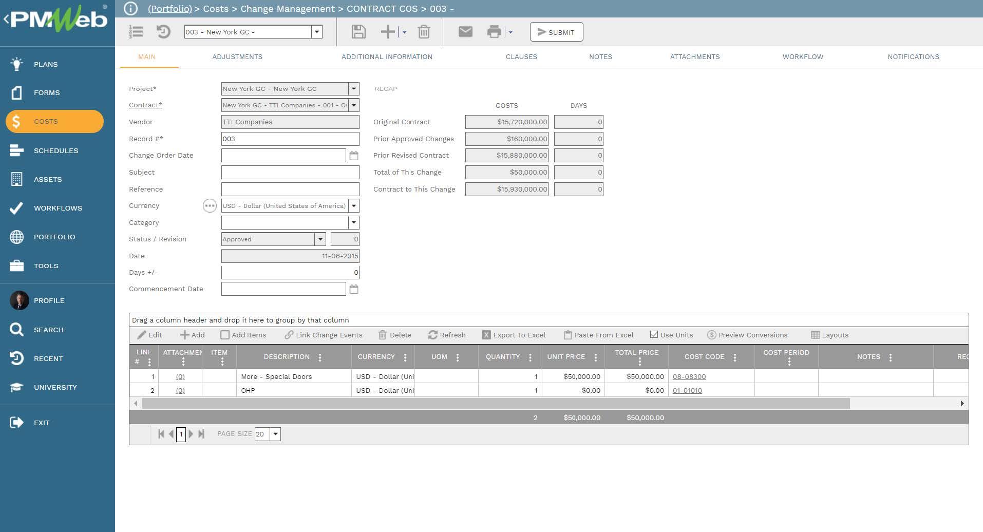 PMWeb 7 Costs Change Management Contract Cos
Main