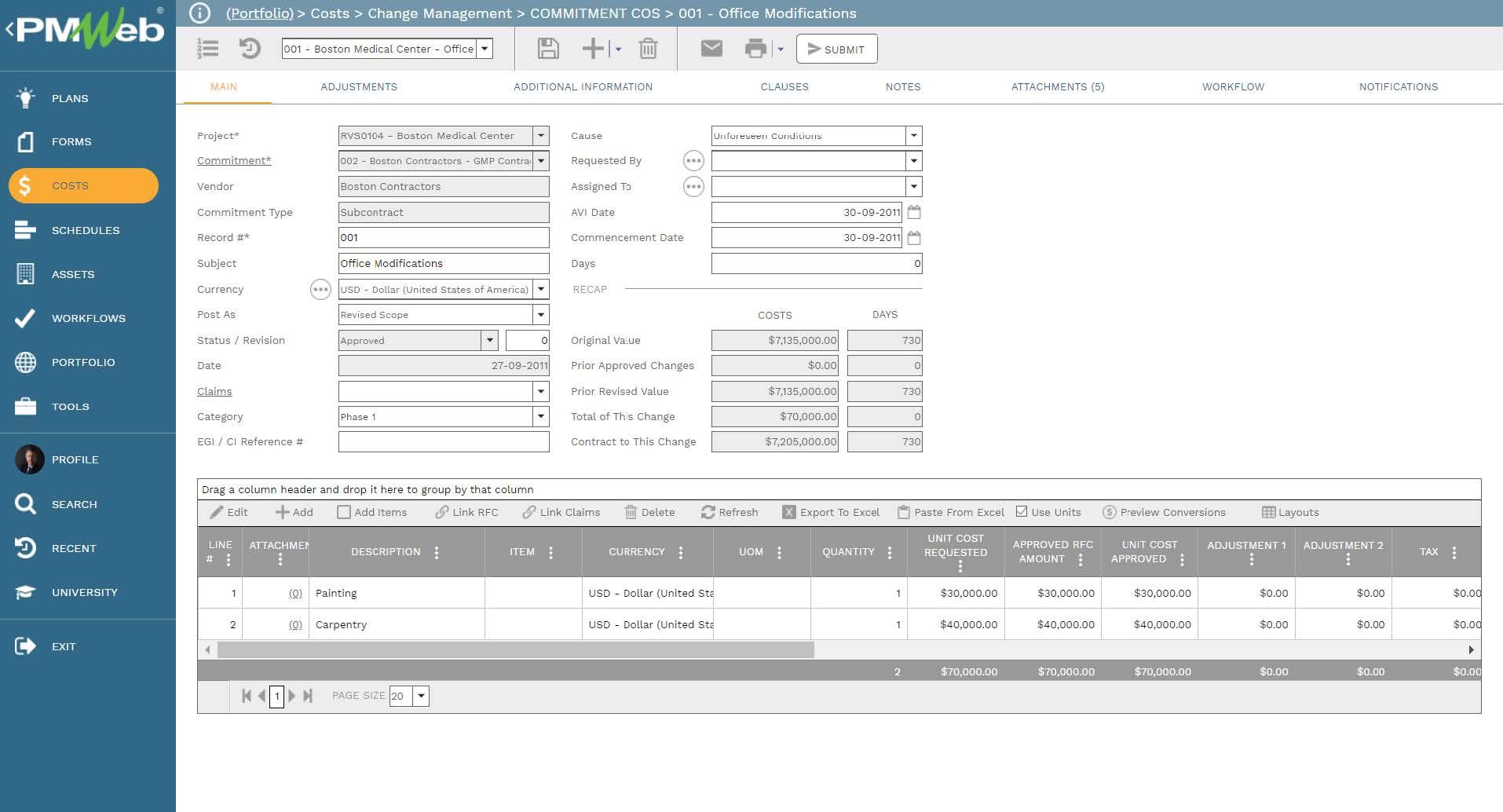 PMWeb 7 Costs Change Management Commitment Cos Office Modifications
Main