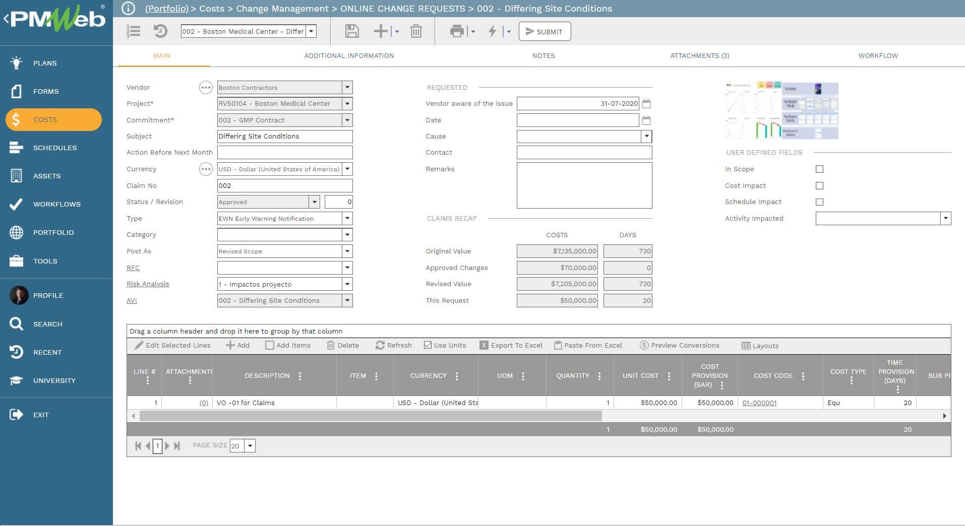 PMWeb 7 Costs Change Management Online Change Requests Differing Site Conditions
Main