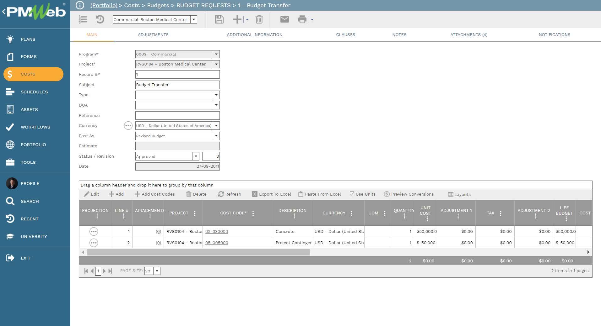 PMWeb 7 Costs Budget Requests Budget Transfer
Main