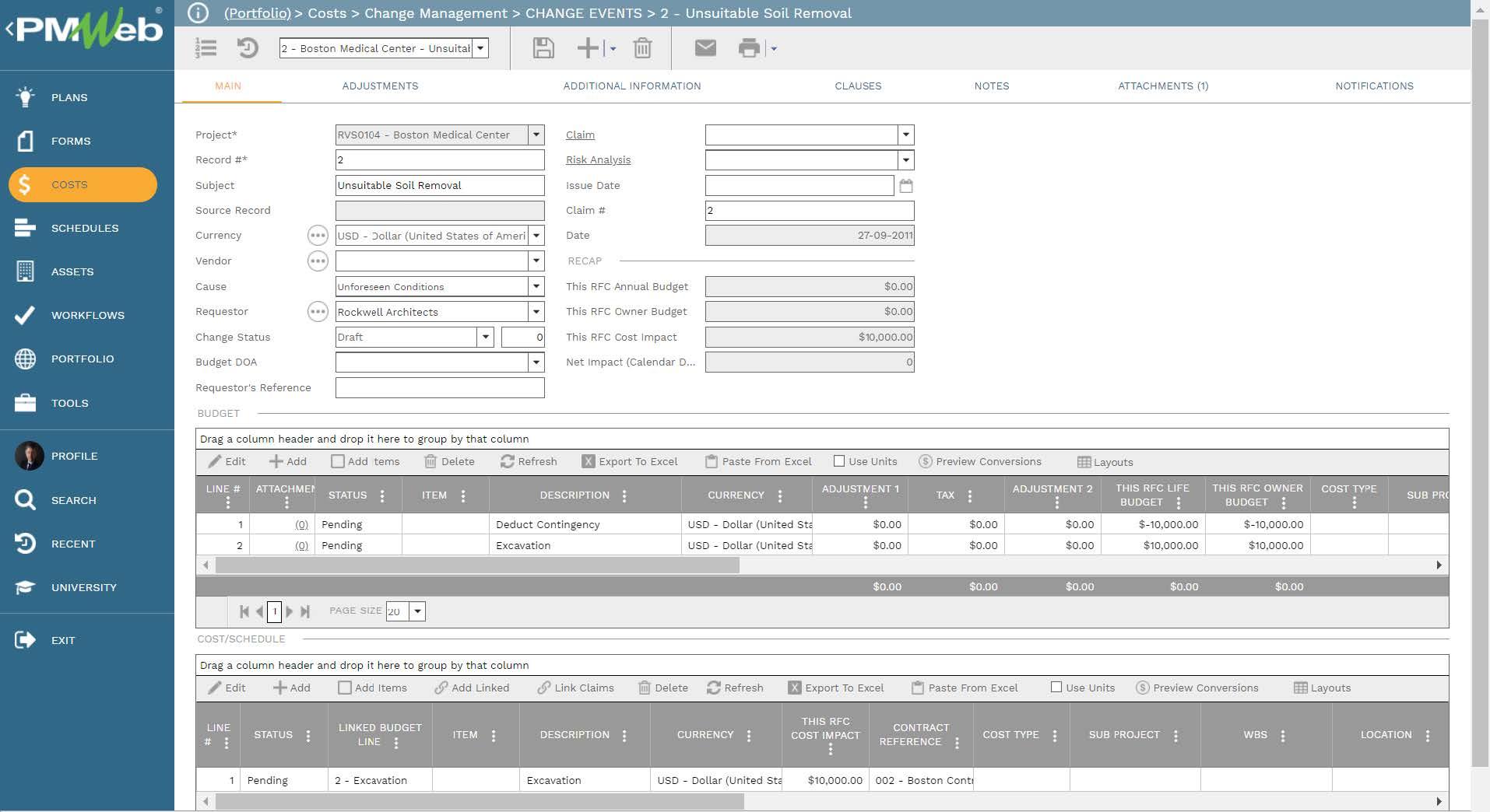 PMWeb 7 Costs Change Management Change Events
Unsuitable Soil Remove
Main