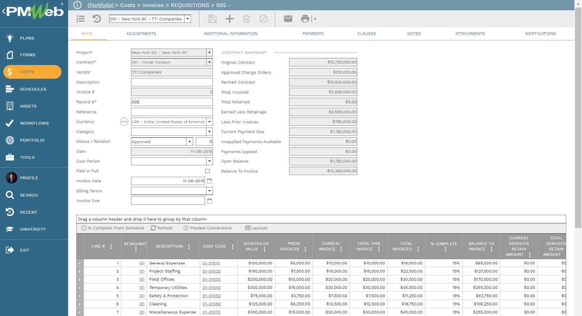 PMWeb 7 Costs Invoices Requisitions
Main