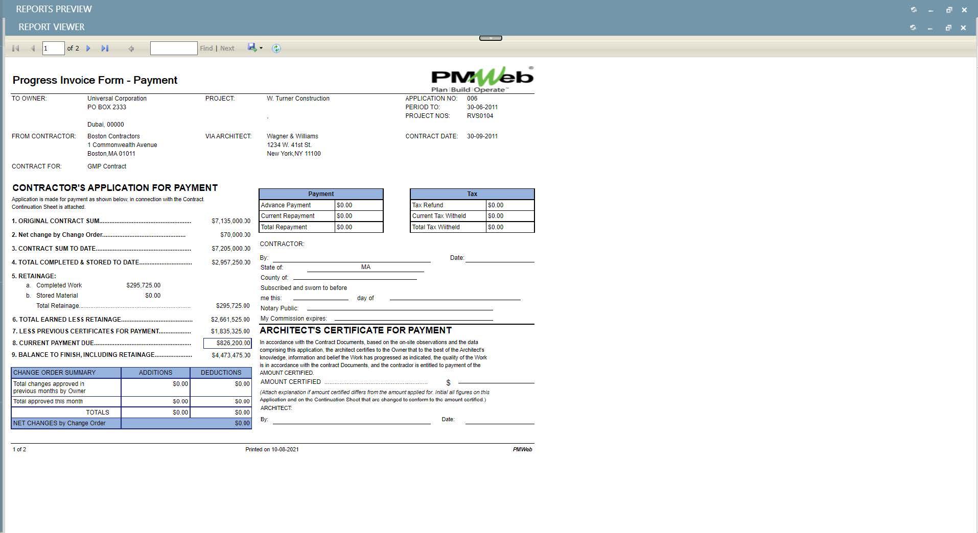 PMWeb 7 Reports Preview Report Viewer
Progress Invoice Form Payment