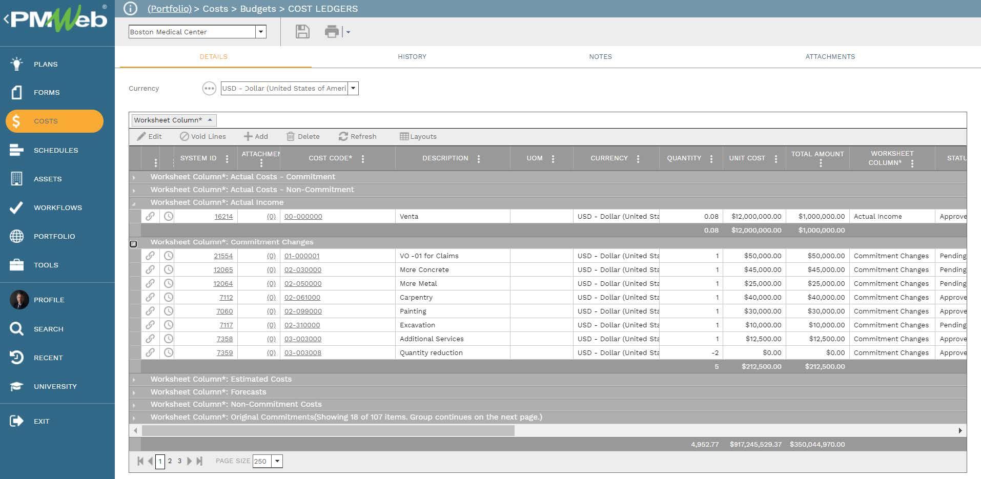 PMWeb 7 Costs Budgets Cost Ledgers 
Details 