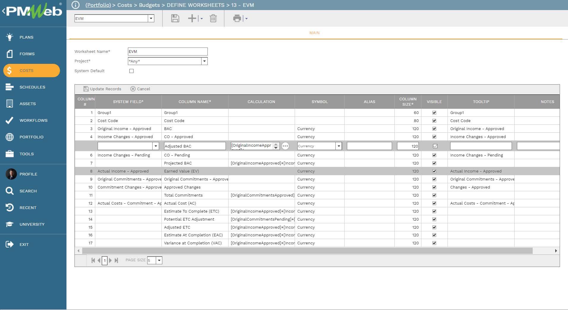 PMWeb 7 Costs Budgets Define Worksheets EVM
Main 