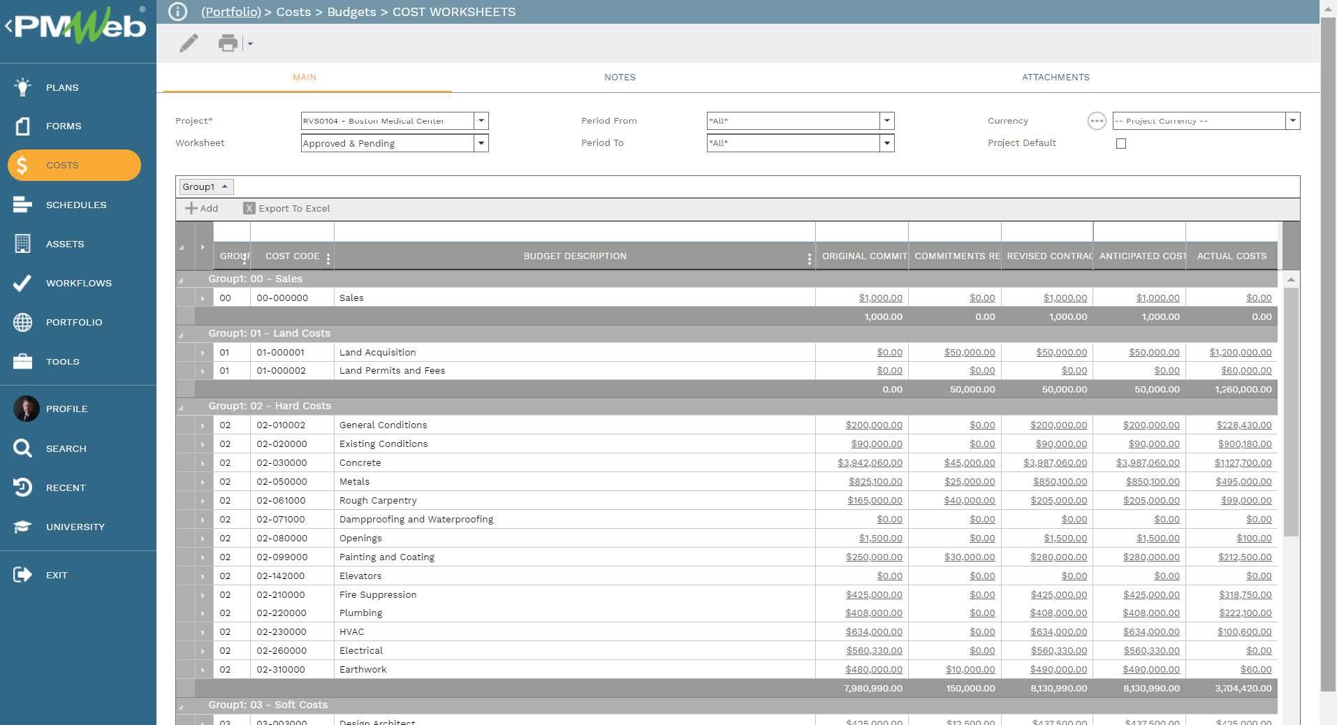 PMWeb 7 Costs Budgets Cost Worksheets 
Main