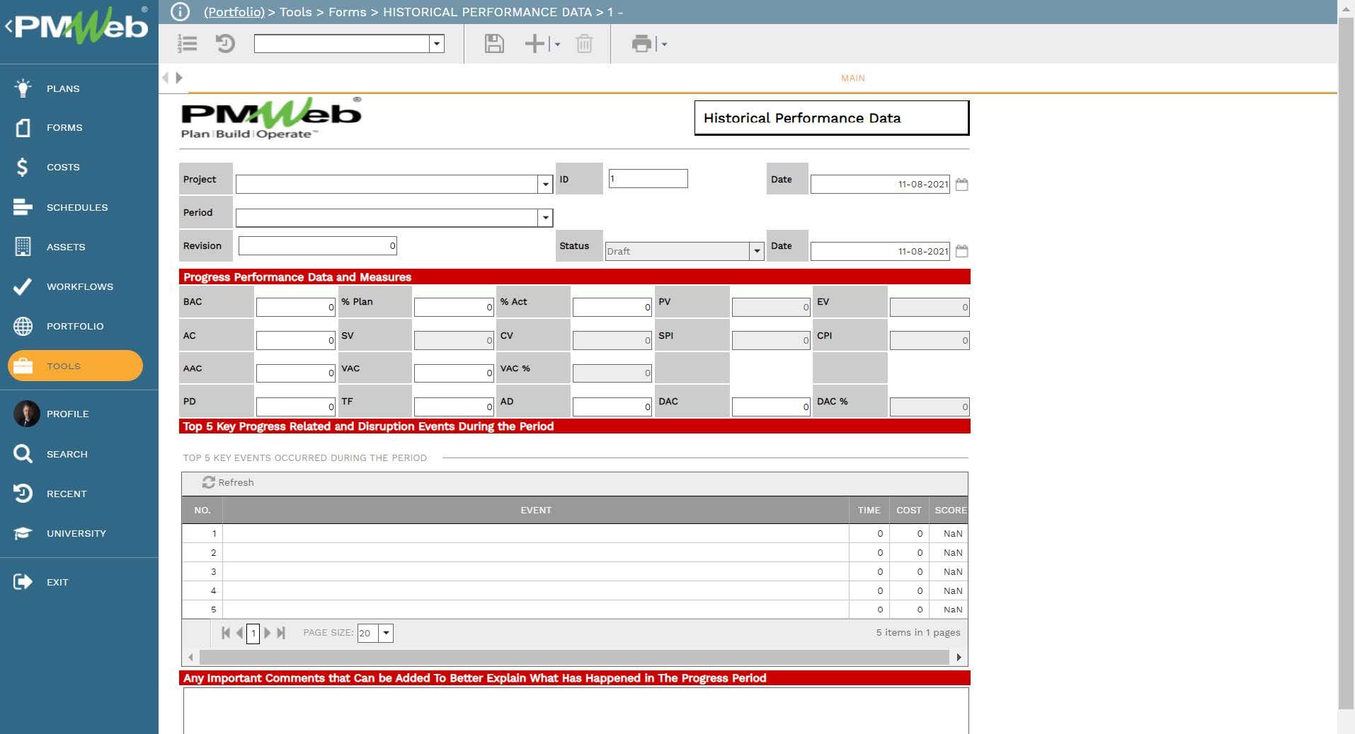 PMWeb 7 Tools Historical Performance Data
Main
