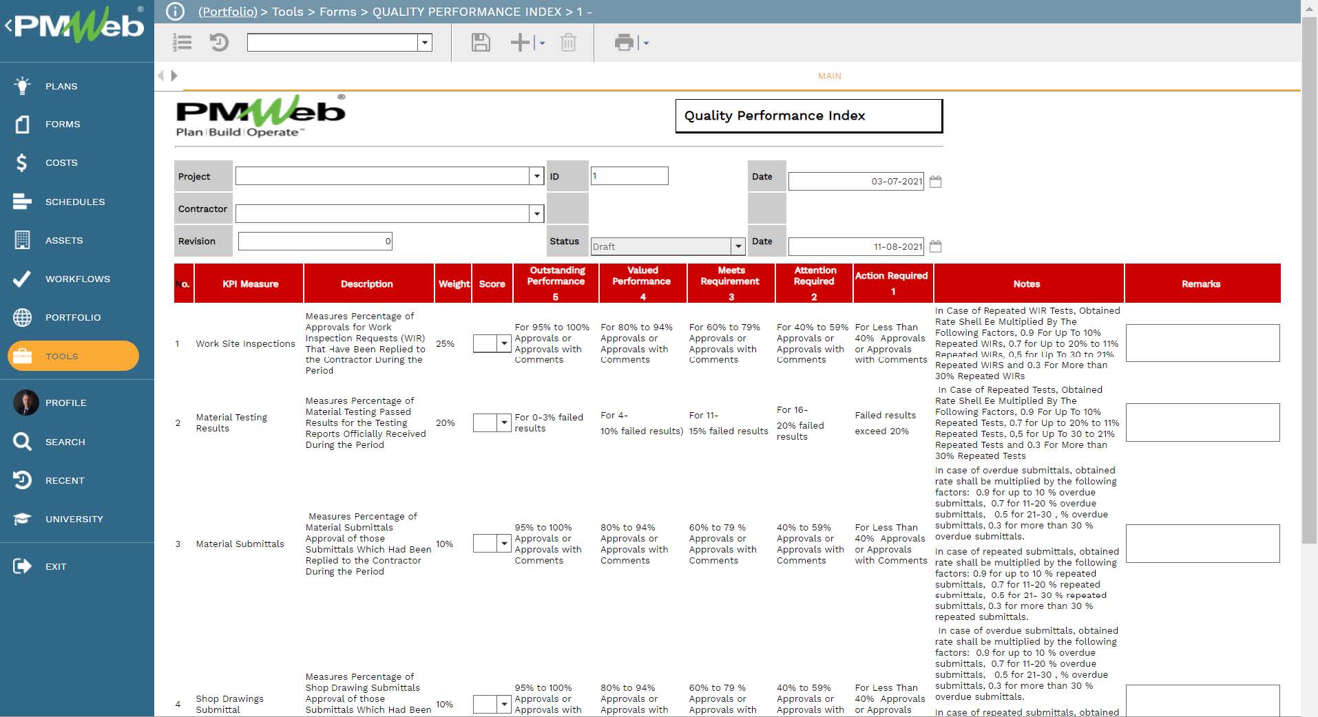 PMWeb 7 Tools Forms Quality Performance Index
Main