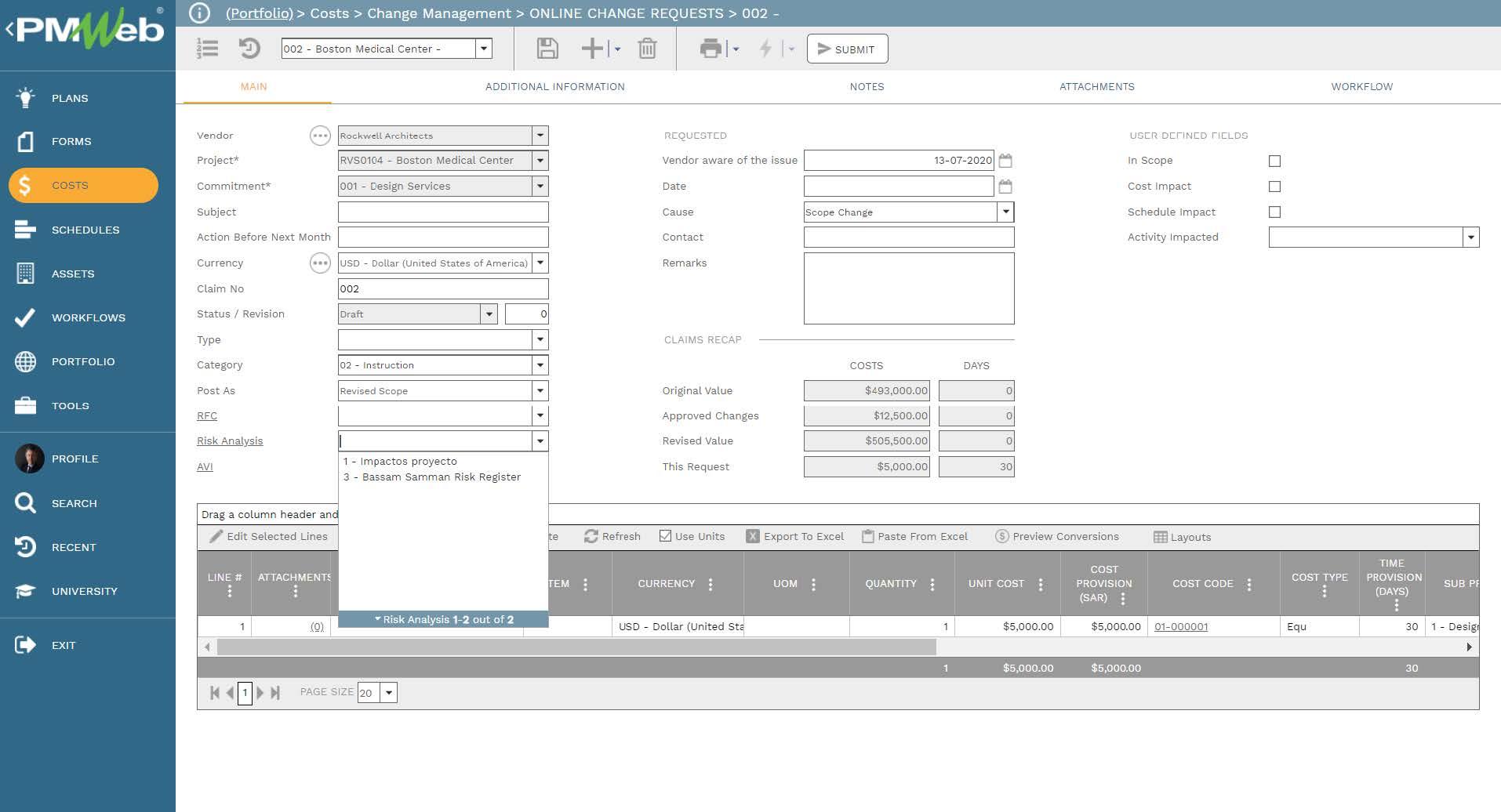 PMWeb 7 Costs Change Management Online Change Requests 
Main 