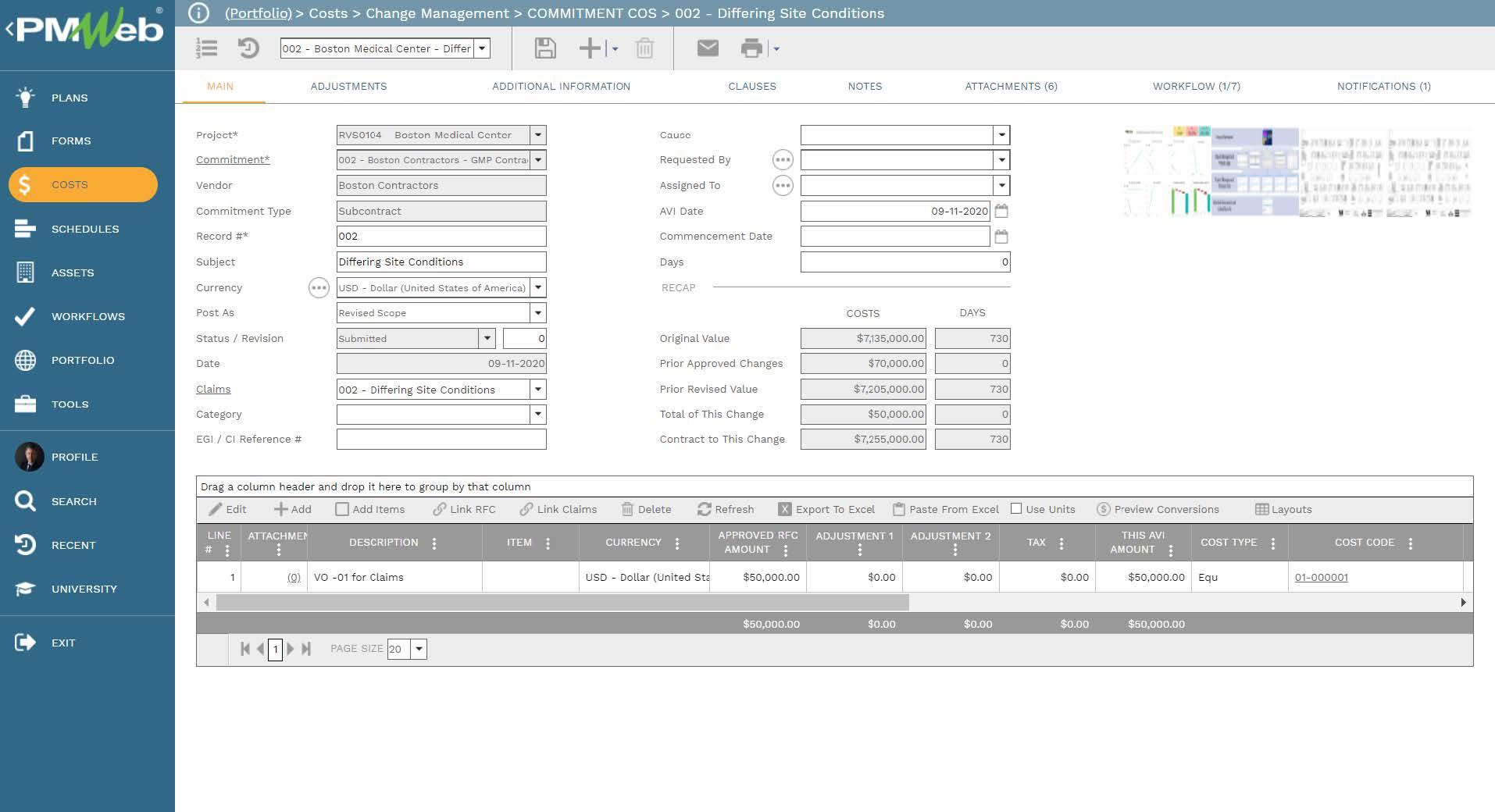 PMWeb 7 Costs Change Management Commitment COS Differing Site Conditions 
Main 