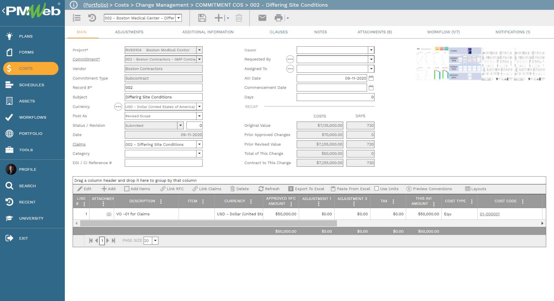 PMWeb 7 Costs Change Management Commitment COS Differing Site Conditions
Main