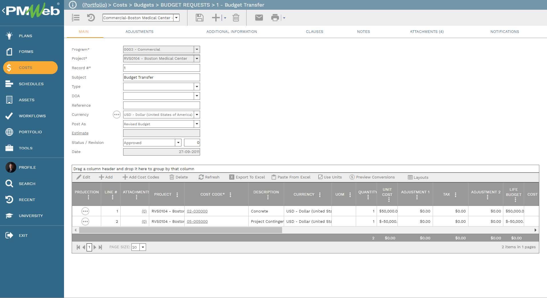 PMWeb 7 Costs Budgets Budget Requests Budget Transfer 
Main