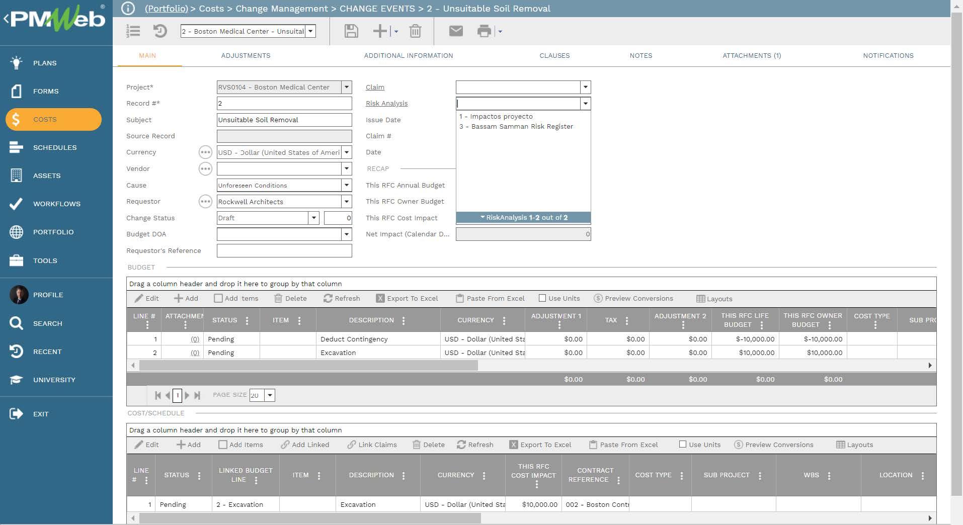 PMWeb 7 Costs Change Management Change Events Unsuitable Soil Removal
Main